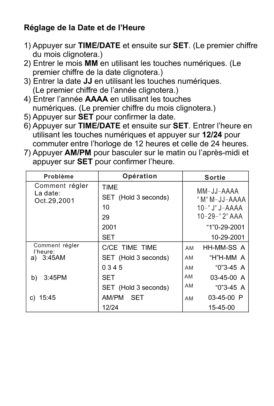 Victor Technology 1212-3A Series instruction manual Réglage de la Date et de l’Heure 