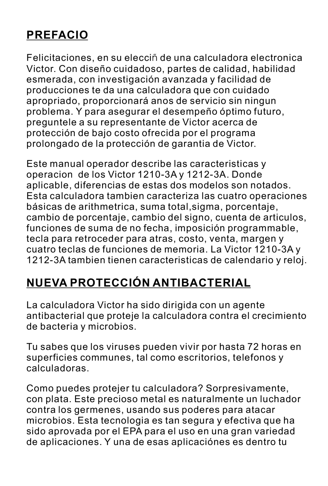 Victor Technology 1212-3A Series instruction manual Prefacio, Nueva Protección Antibacterial 