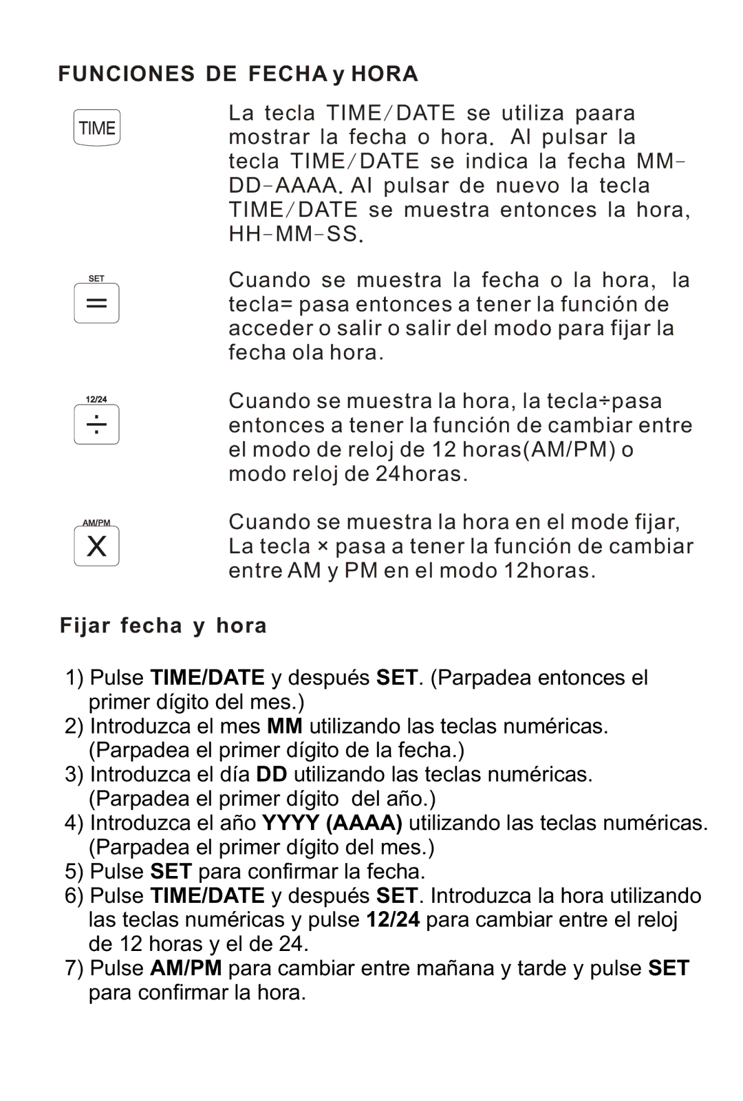 Victor Technology 1212-3A Series instruction manual Funciones DE Fecha y Hora, Fijar fecha y hora 