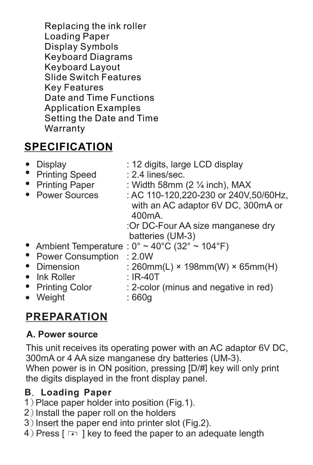 Victor Technology 1212-3A Series instruction manual Specification, Preparation, Power source, Loading Paper 