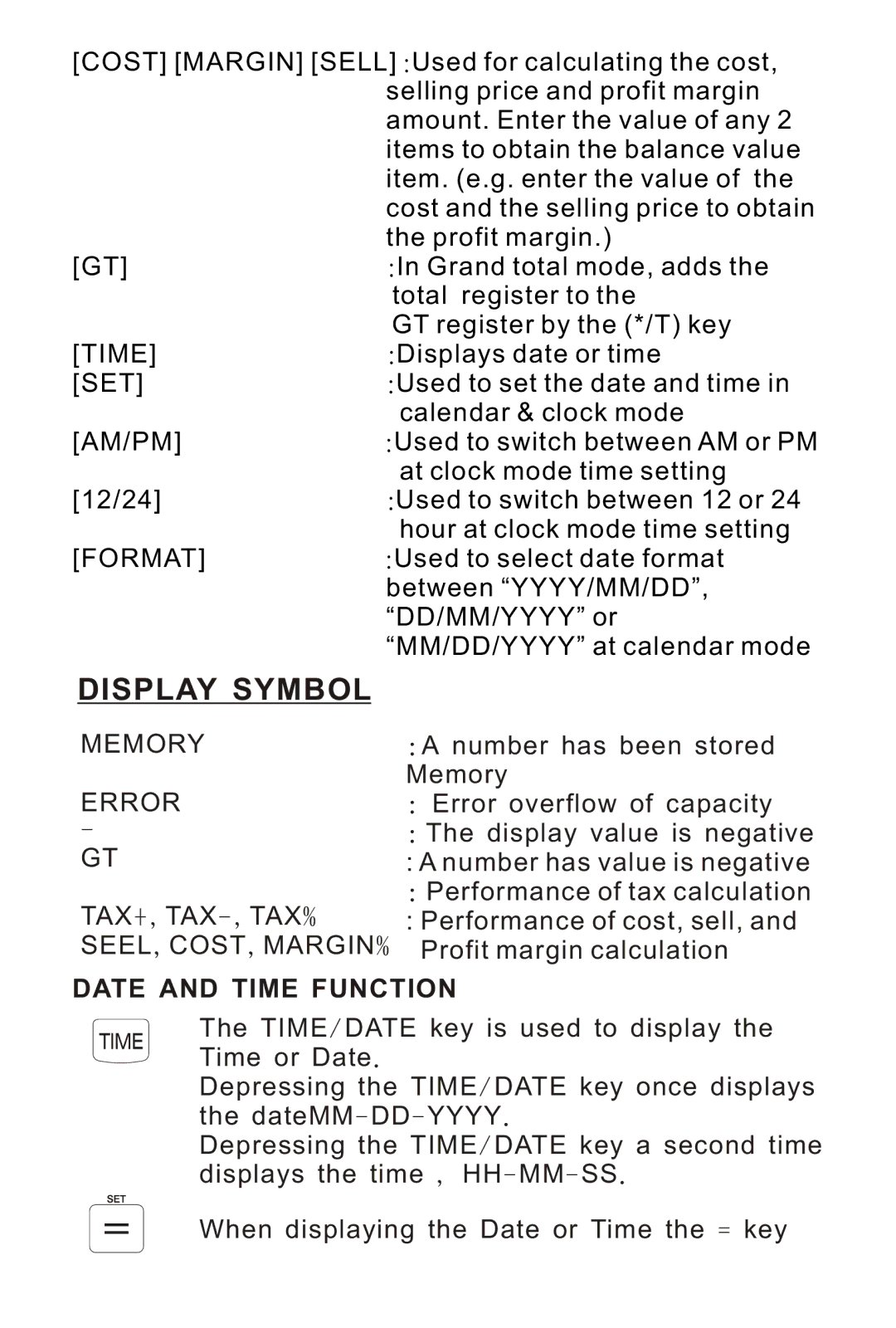 Victor Technology 1212-3A Series instruction manual Display Symbol, Date and Time Function 