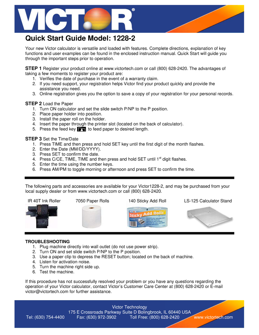 Victor Technology 1228-2 quick start Quick Start Guide Model, Troubleshooting 