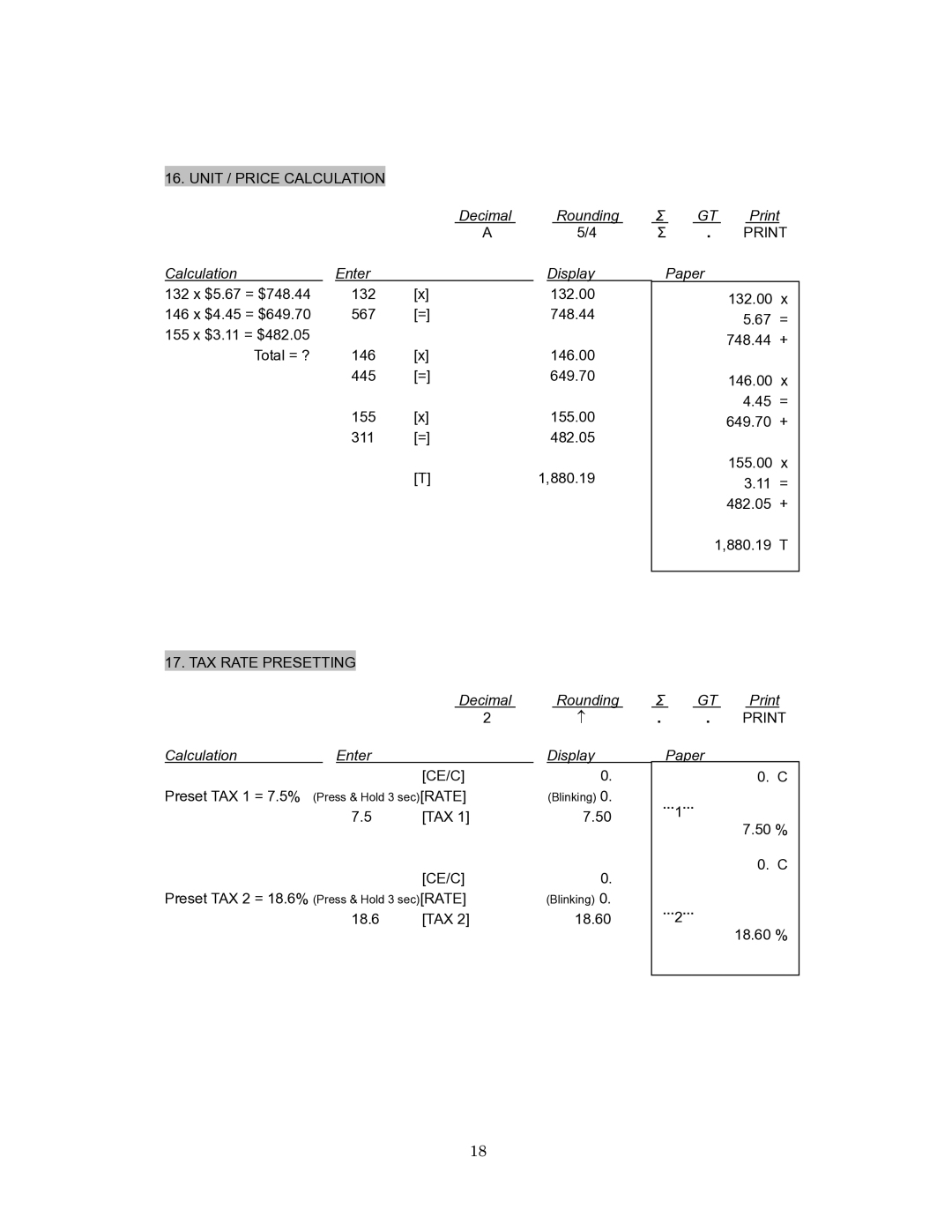 Victor Technology 1260-3 instruction manual CE/C Preset TAX 1 = 7.5% Press & Hold 3 secRATE 