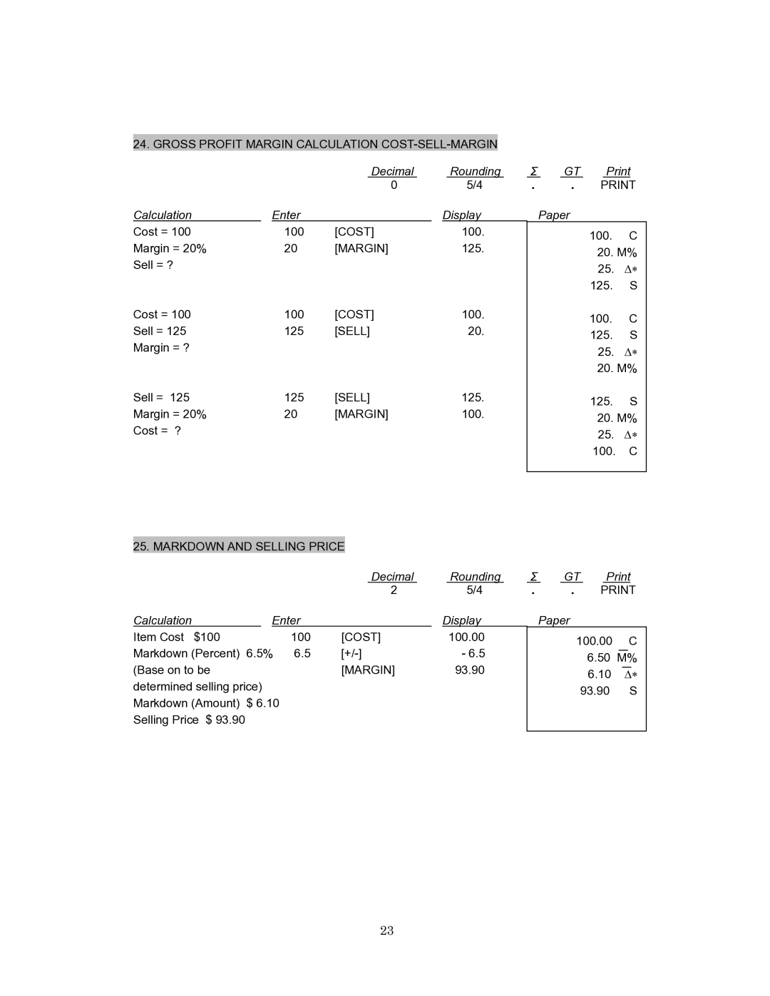 Victor Technology 1260-3 instruction manual Gross Profit Margin Calculation COST-SELL-MARGIN 