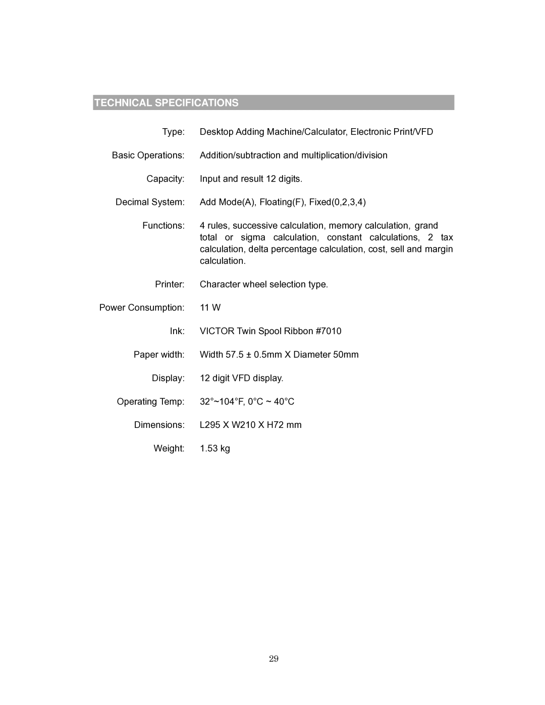 Victor Technology 1260-3 instruction manual Technical Specifications 