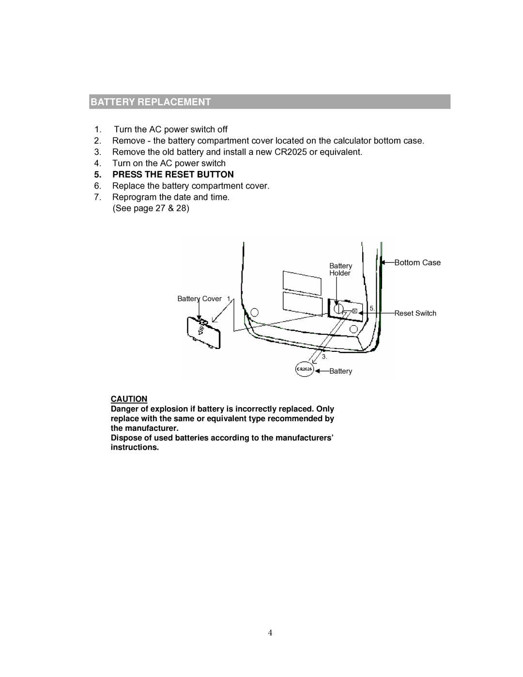 Victor Technology 1260-3 instruction manual Battery Replacement, Press the Reset Button 