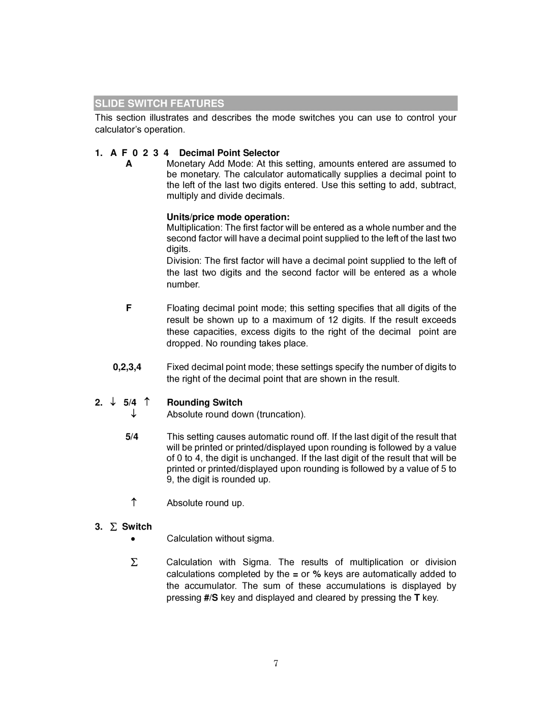 Victor Technology 1260-3 instruction manual Slide Switch Features, F 0 2 3 4 Decimal Point Selector 