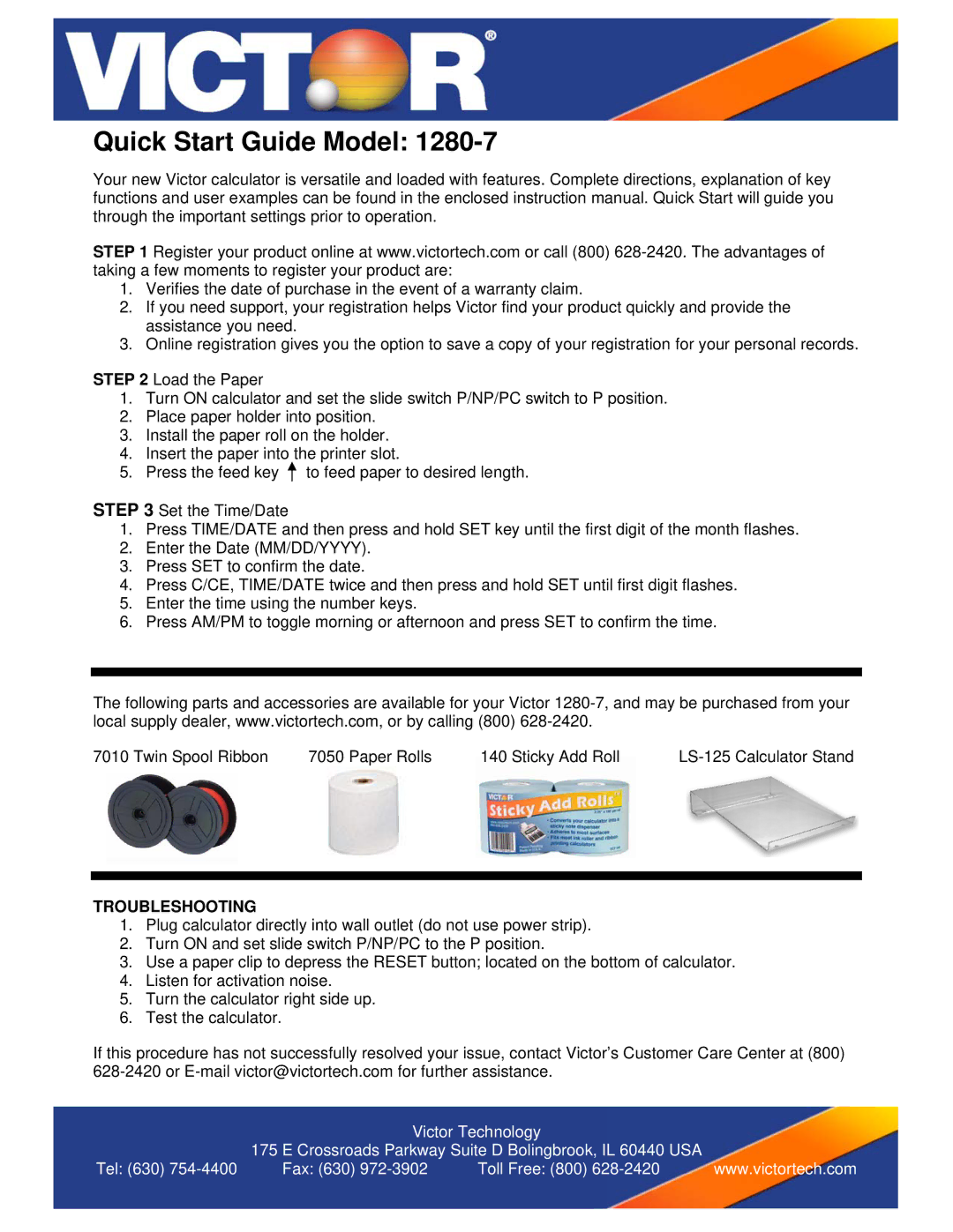 Victor Technology 1280-7 quick start Quick Start Guide Model, Troubleshooting 