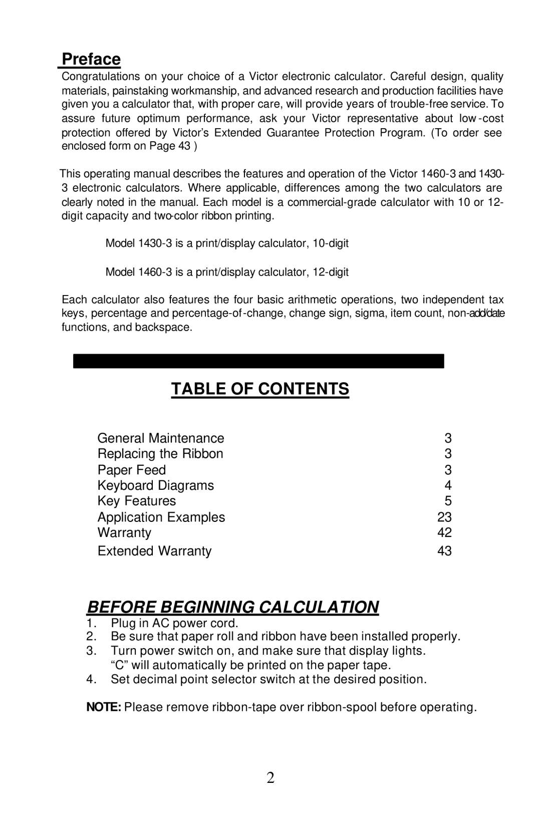 Victor Technology 1430-3, 1460-3 manual Table of Contents, Before Beginning Calculation 