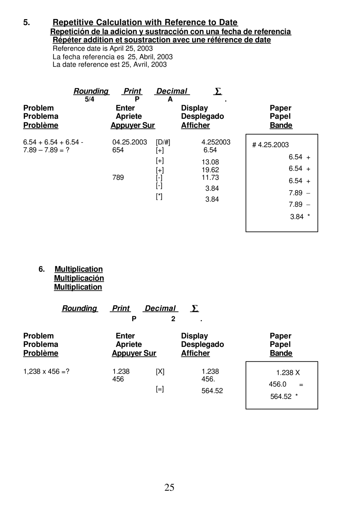 Victor Technology 1460-3 manual Repetitive Calculation with Reference to Date, Multiplication Multiplicación Multiplication 