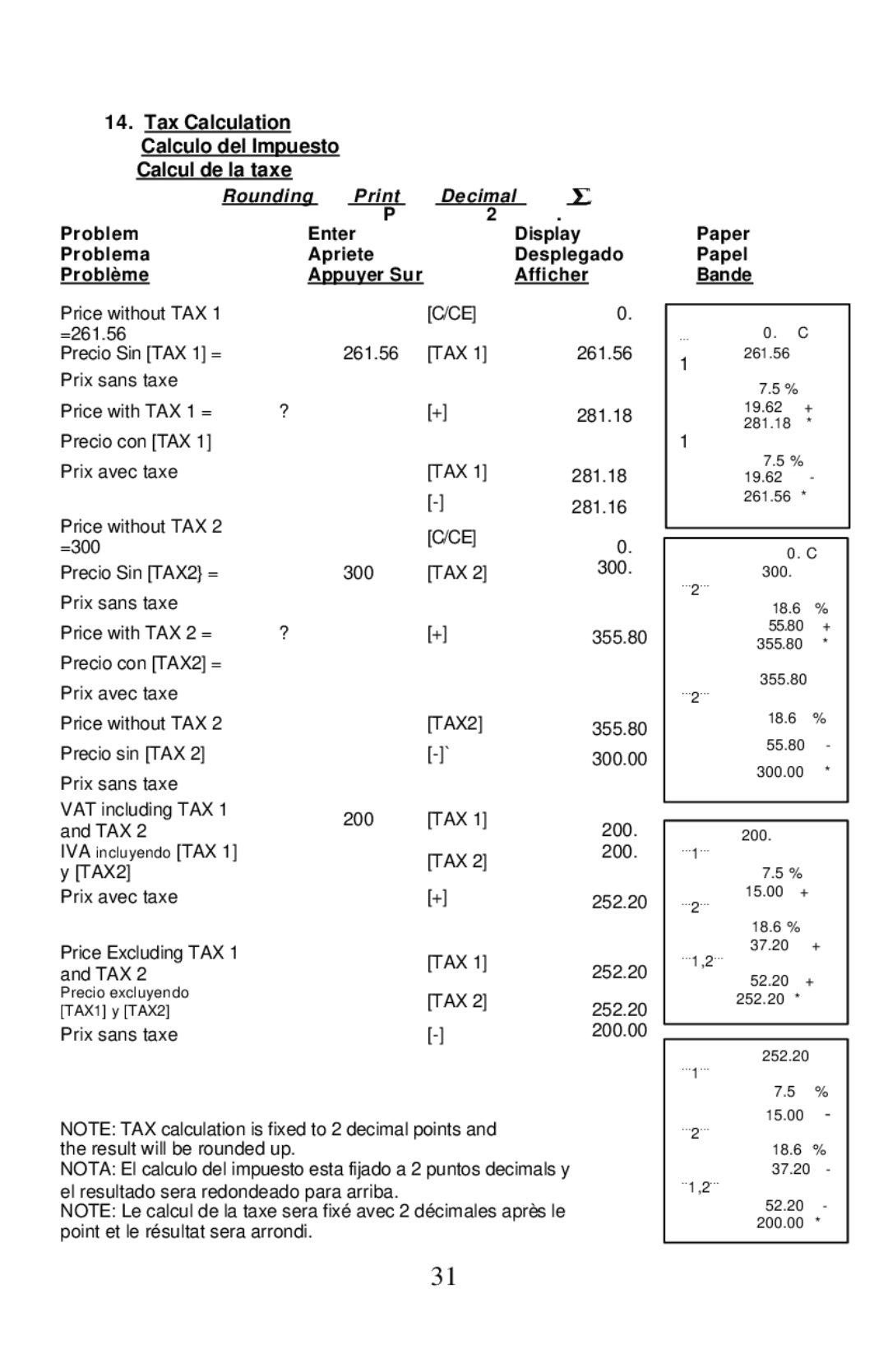 Victor Technology 1460-3, 1430-3 manual Tax Calculation Calculo del Impuesto Calcul de la taxe 