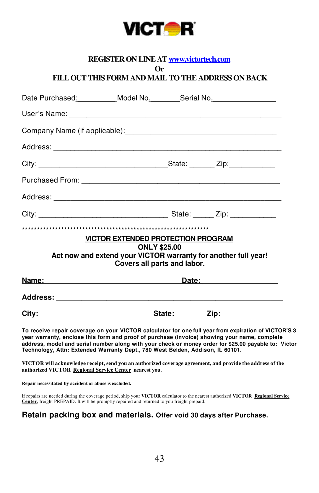 Victor Technology 1460-3, 1430-3 manual Fill OUT this Form and Mail to the Address on Back 