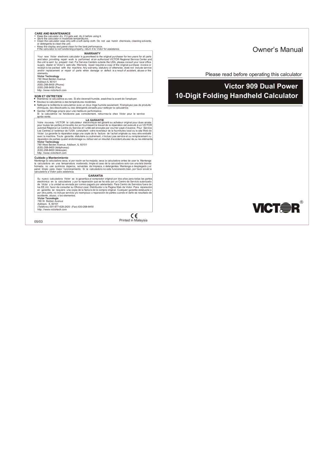 Victor Technology 909 owner manual Care and Maintenance, Warranty, Soin ET Entretien, Garantia 