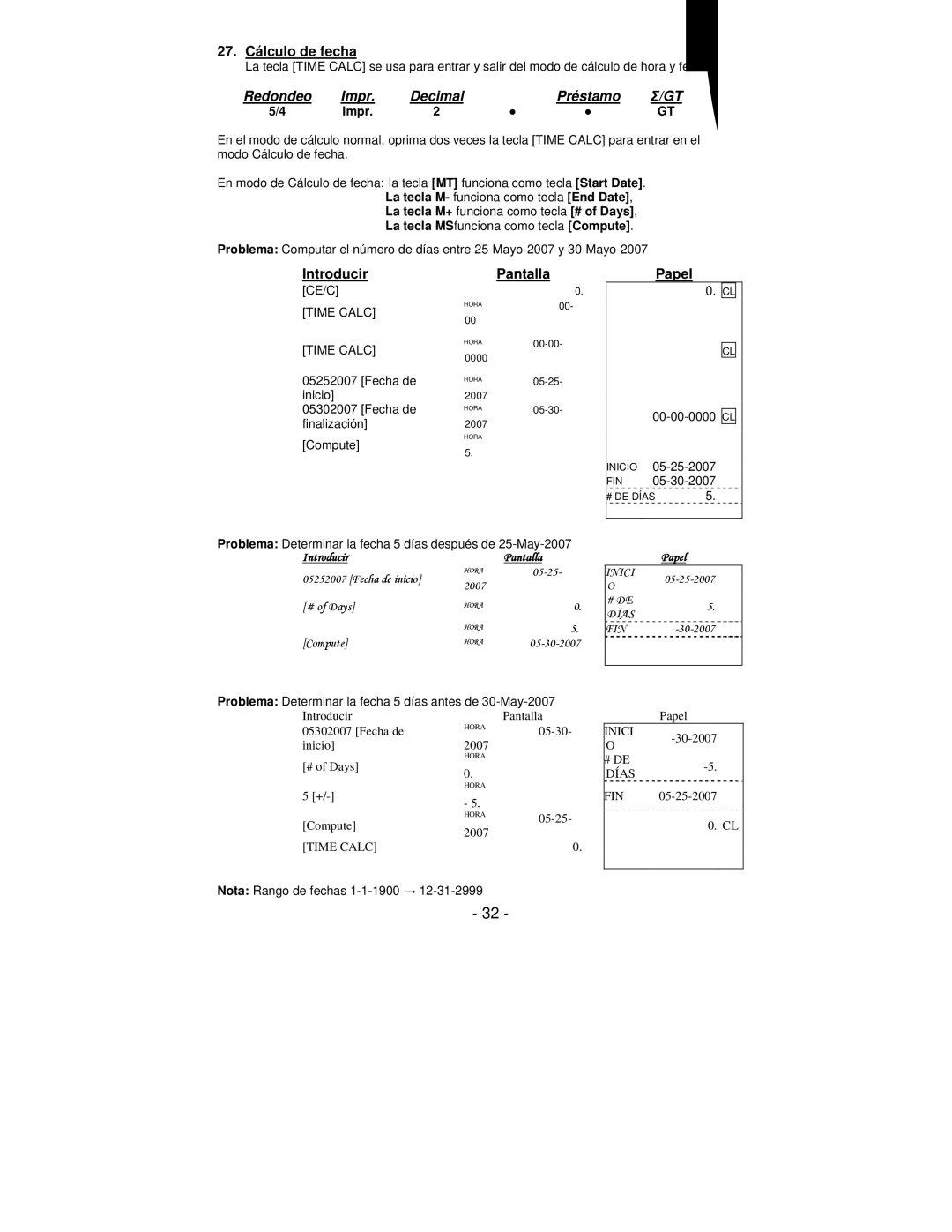 Victor Technology PL8000 manual 27. Cálculo de fecha, Papel 