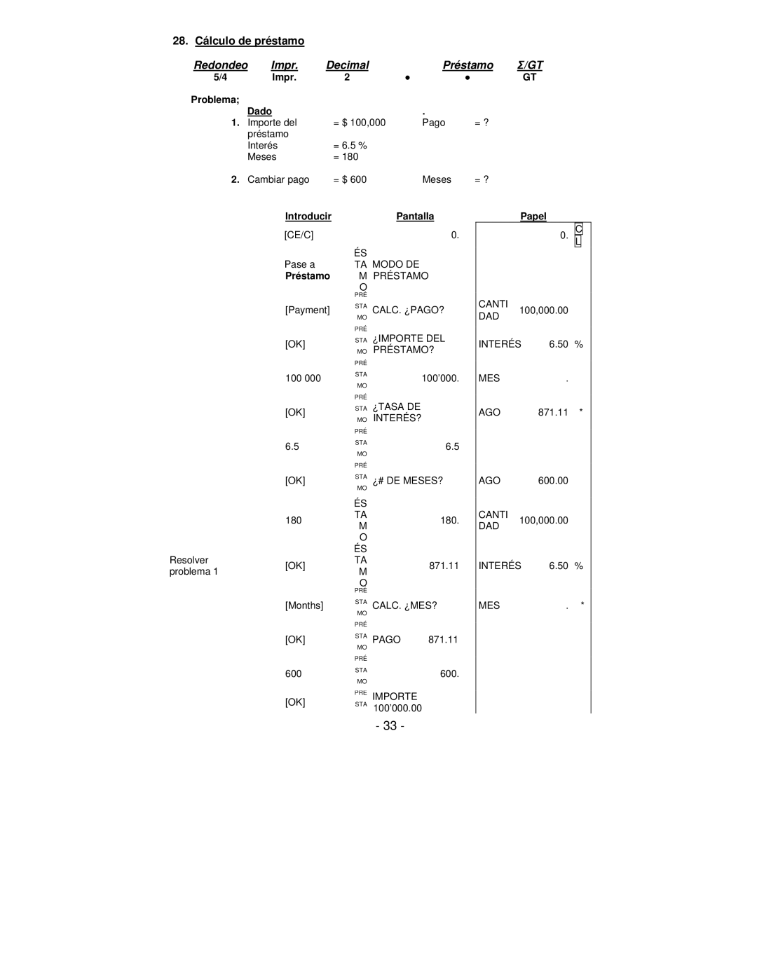 Victor Technology PL8000 manual 28. Cálculo de préstamo, Redondeo Impr Decimal Préstamo, Introducir 