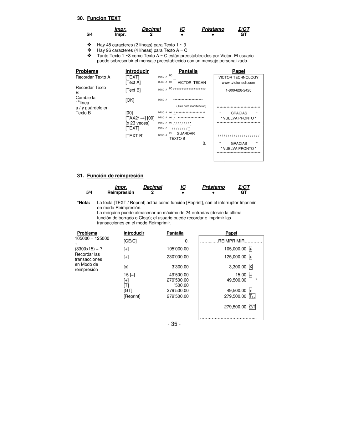 Victor Technology PL8000 manual Función Text, Problema, Función de reimpresión 