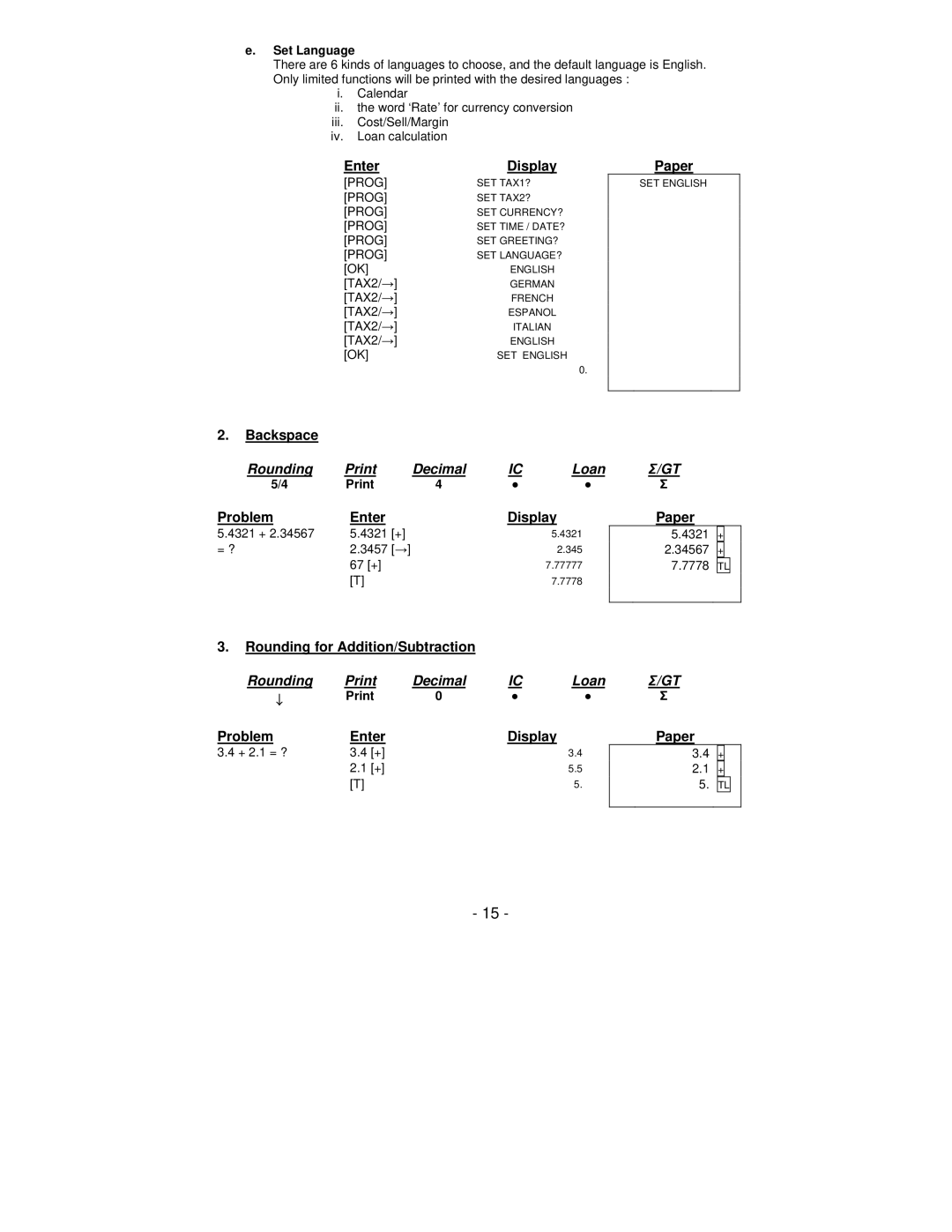 Victor Technology PL8000 manual Backspace, Problem Enter Display, Rounding for Addition/Subtraction, Set Language 