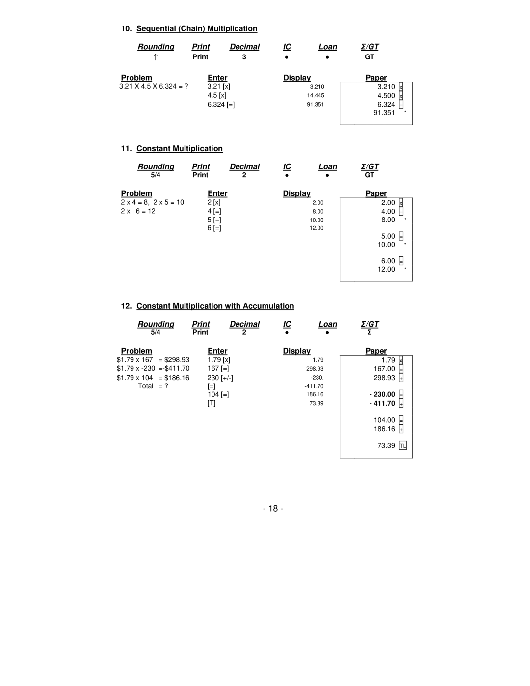 Victor Technology PL8000 manual Sequential Chain Multiplication, Constant Multiplication, Rounding Print Decimal Loan 