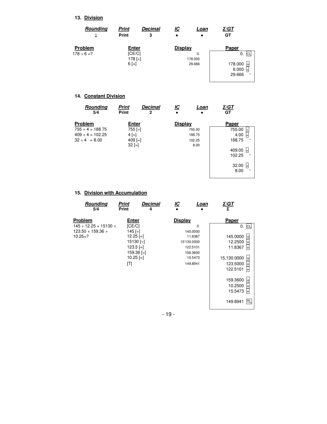 Victor Technology PL8000 manual Constant Division, Division with Accumulation, CE/C 178 ÷ 178.000 29.666 