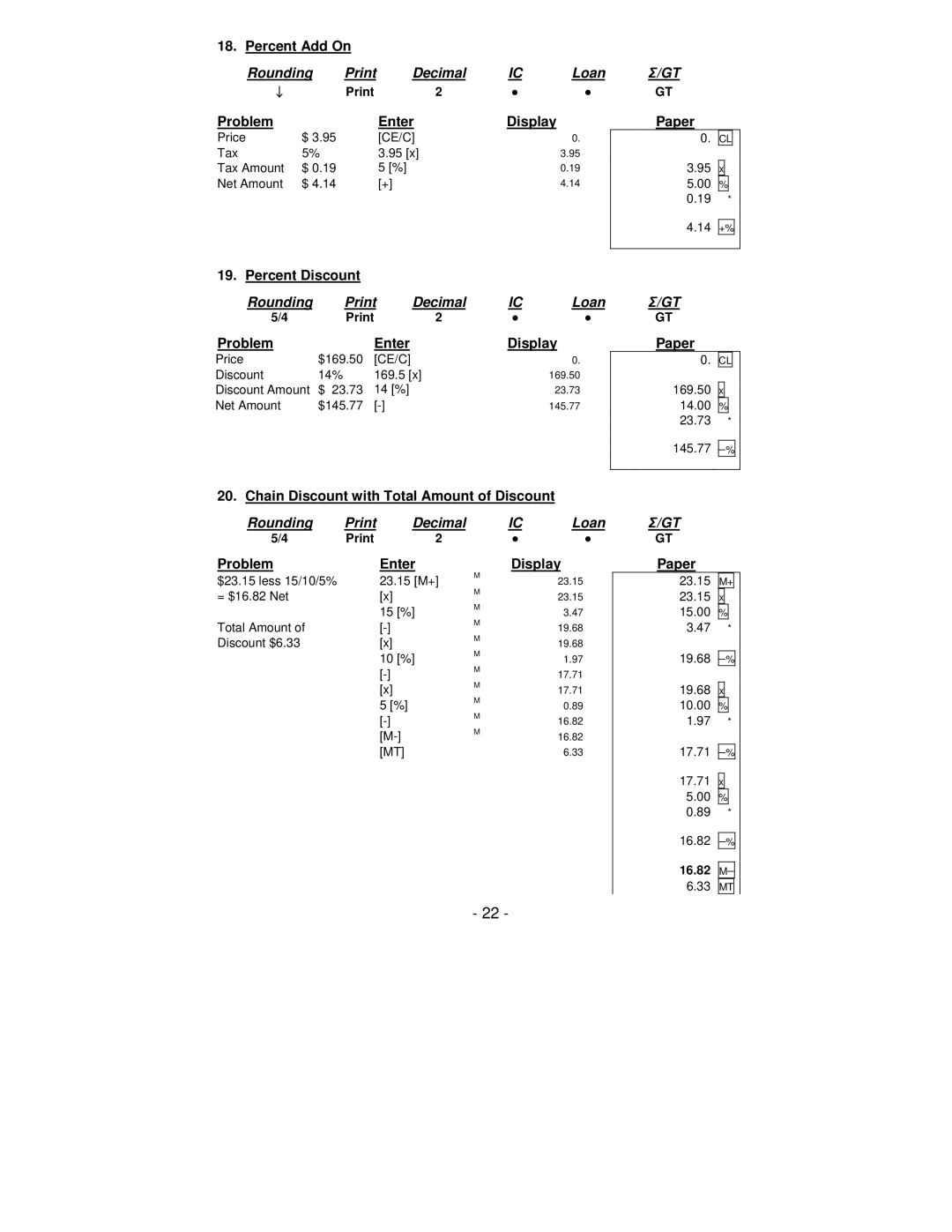 Victor Technology PL8000 manual Percent Add On, Percent Discount, Chain Discount with Total Amount of Discount, 16.82 