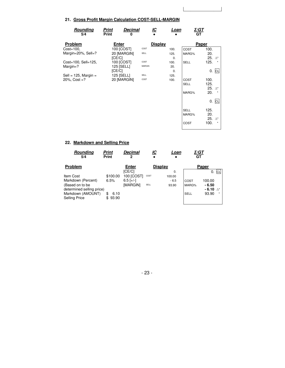 Victor Technology PL8000 manual Gross Profit Margin Calculation COST-SELL-MARGIN, Markdown and Selling Price 