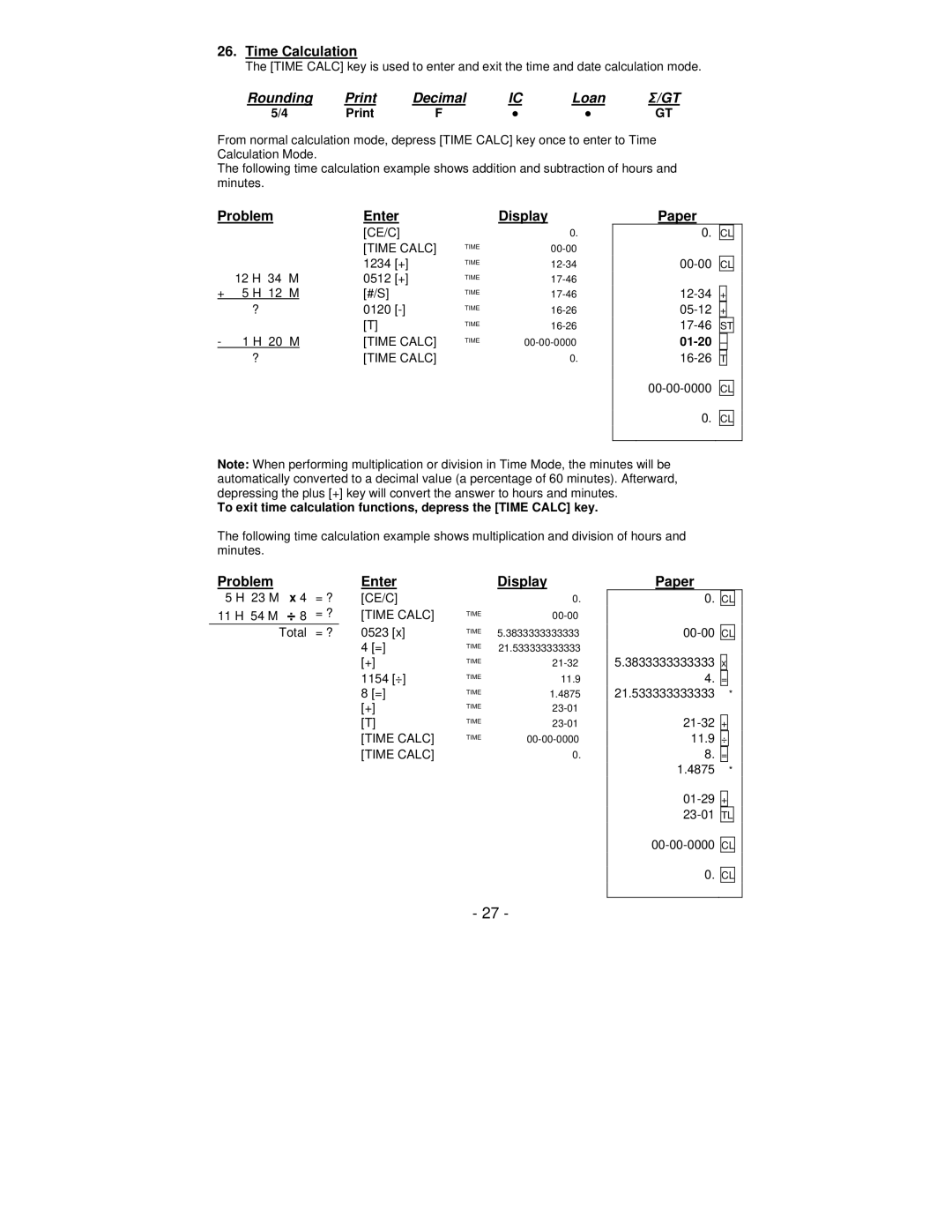 Victor Technology PL8000 manual Time Calculation, ProblemEnter, 01-20 