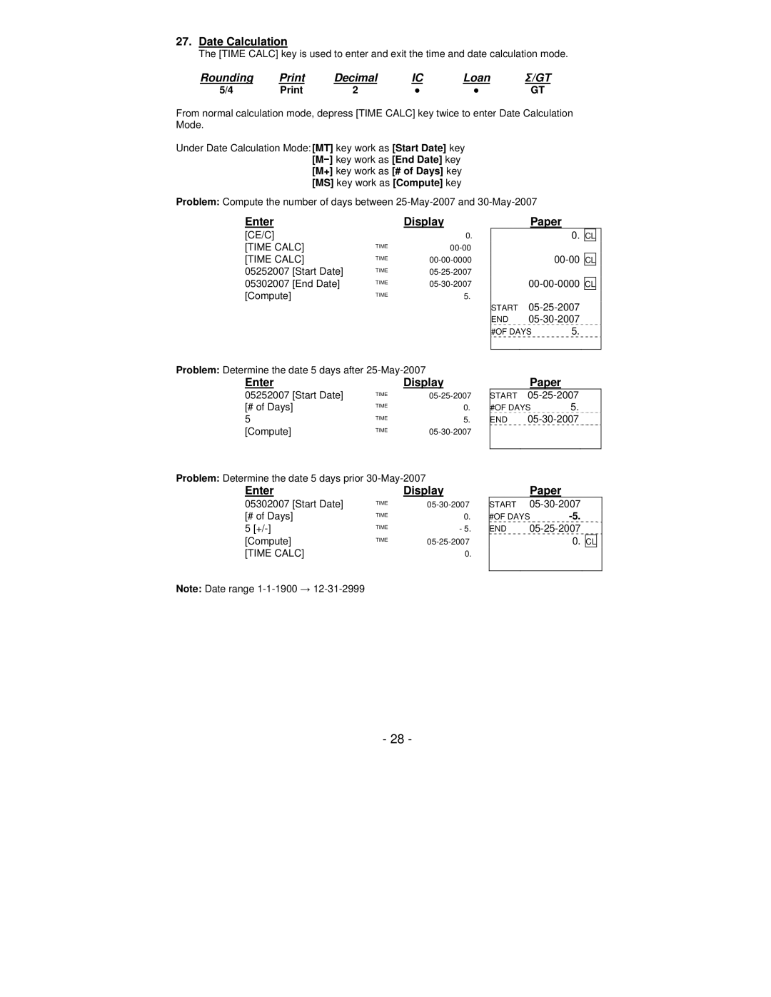 Victor Technology PL8000 manual Date Calculation, EnterDisplay 