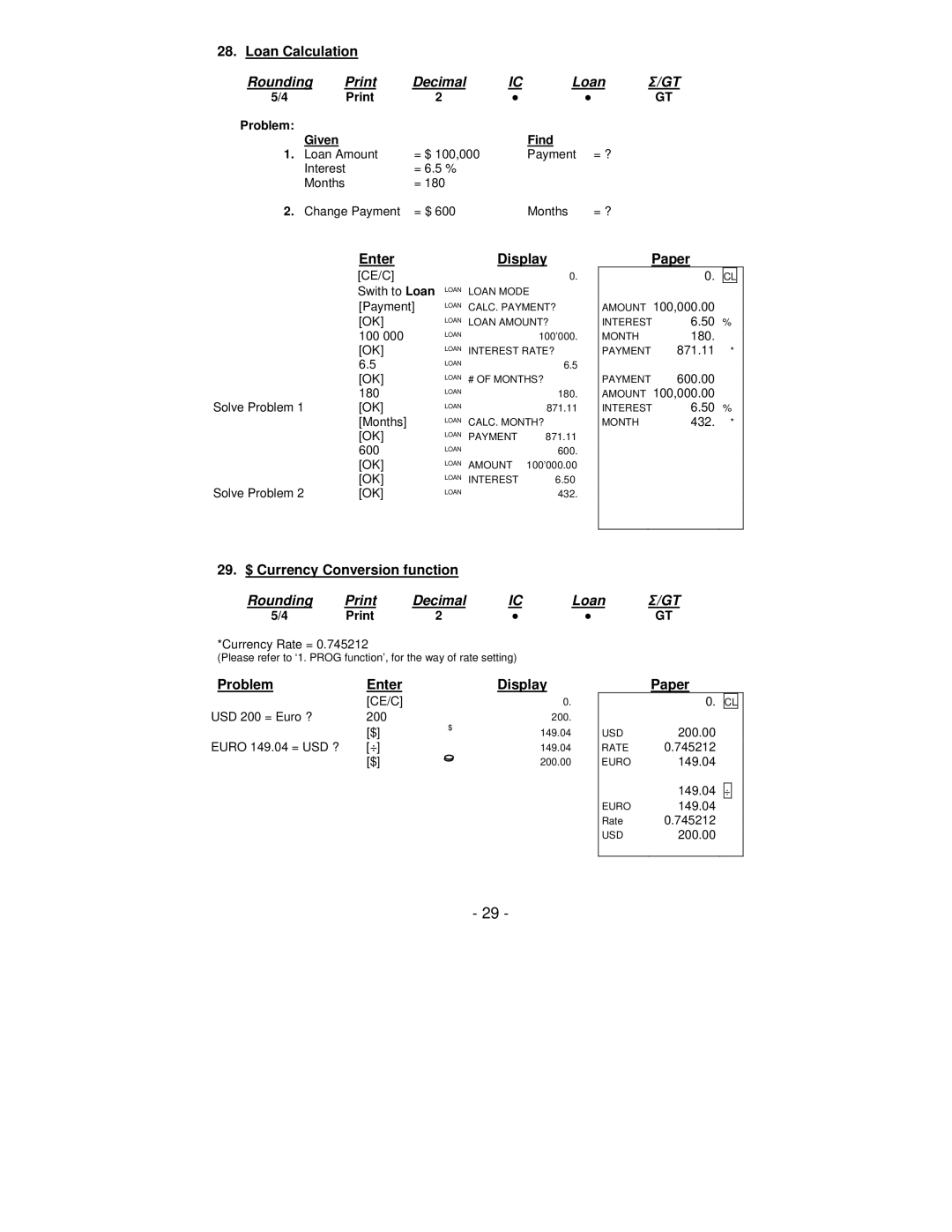 Victor Technology PL8000 manual Loan Calculation, 29. $ Currency Conversion function, Given Find 