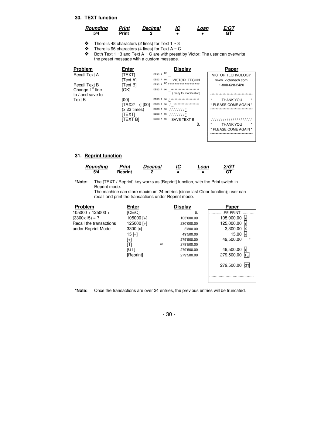 Victor Technology PL8000 manual Text function, Reprint function 