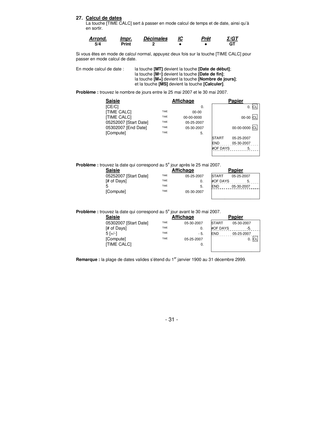 Victor Technology PL8000 manual Calcul de dates, Saisie Affichage Papier 