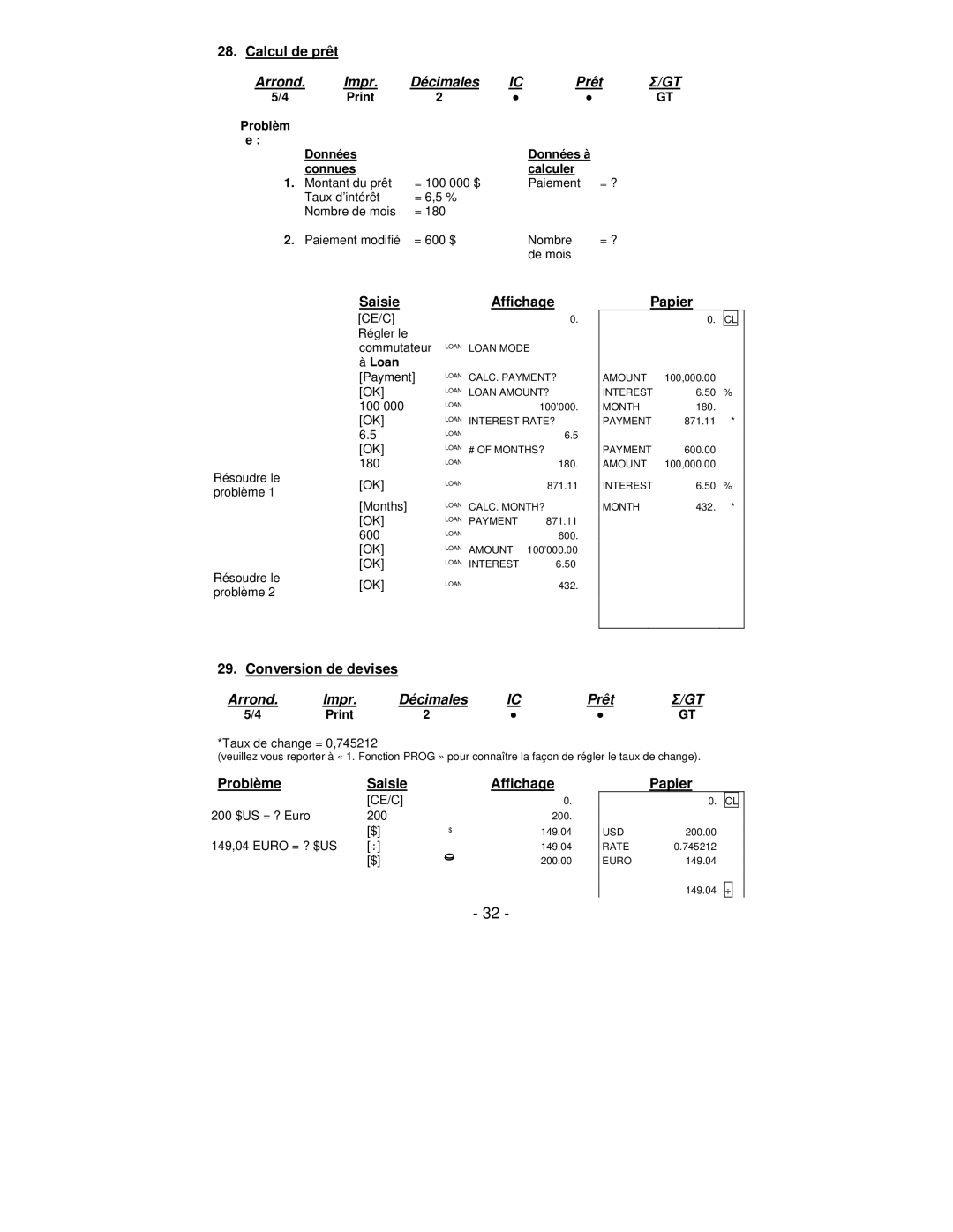 Victor Technology PL8000 manual Calcul de prêt, Conversion de devises, Données Données à Connues Calculer 