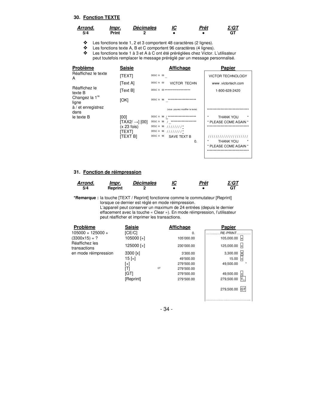 Victor Technology PL8000 manual Fonction Texte, Fonction de réimpression 