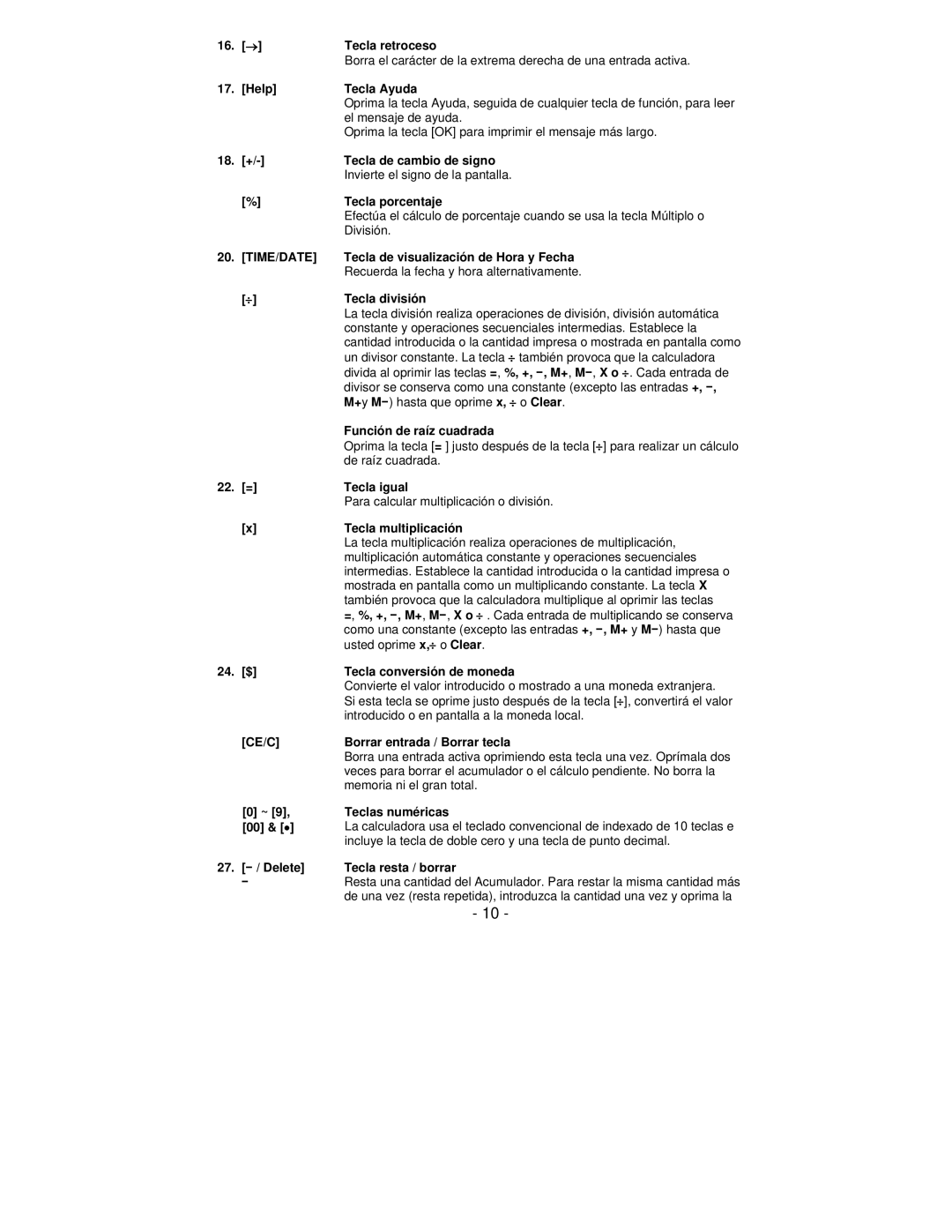 Victor Technology PL8000 manual Tecla retroceso, Help Tecla Ayuda, El mensaje de ayuda, Tecla de cambio de signo, División 