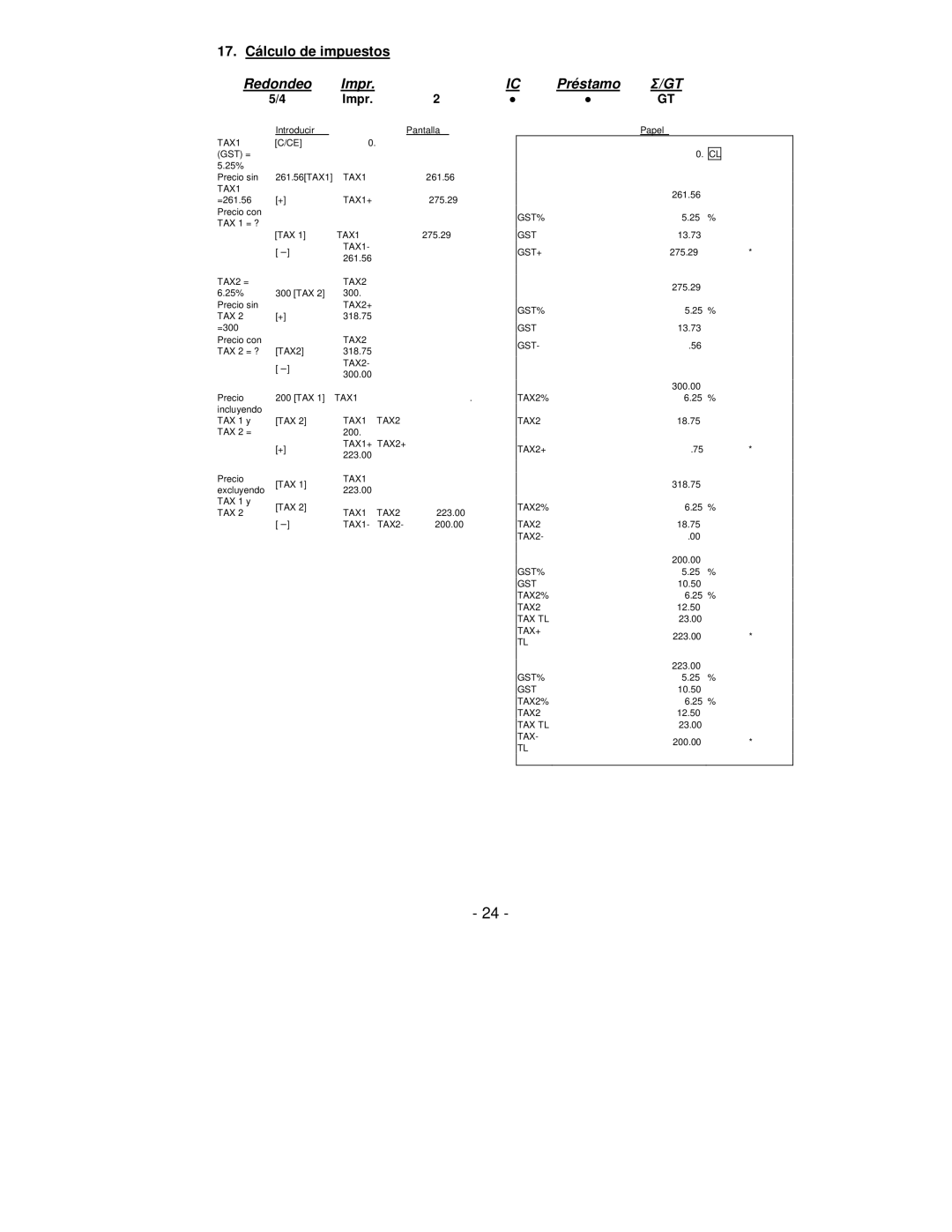 Victor Technology PL8000 manual 17. Cálculo de impuestos, Introducir Pantalla 