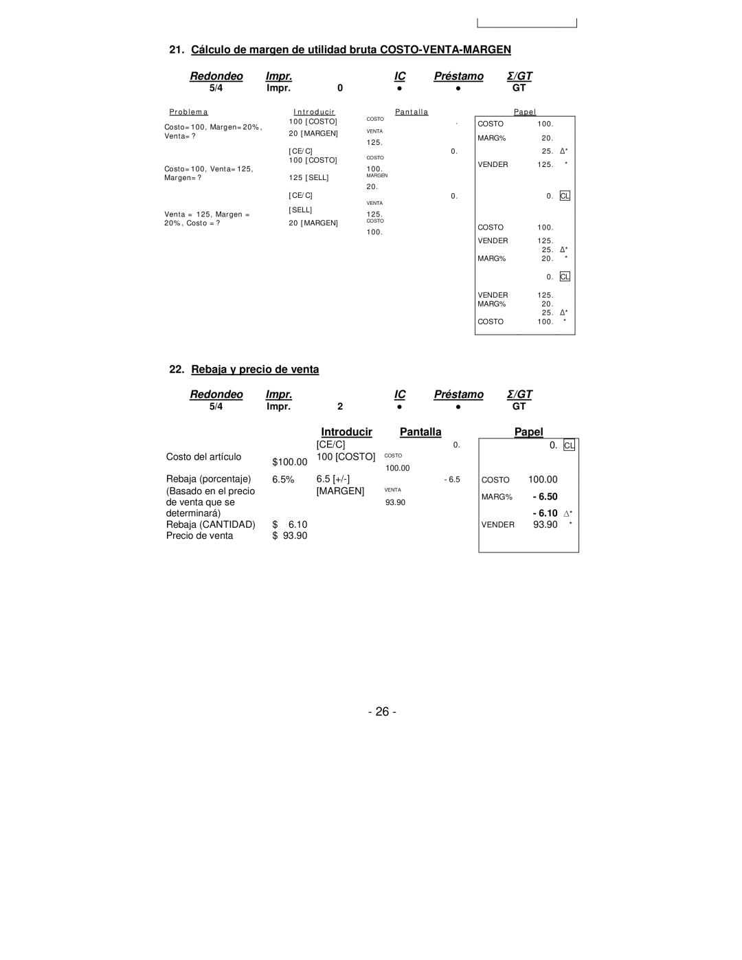 Victor Technology PL8000 manual 21. Cálculo de margen de utilidad bruta COSTO-VENTA-MARGEN, Rebaja y precio de venta 