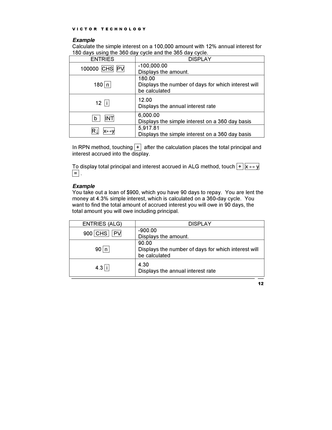 Victor Technology V12 manual Chs, Int, Entries ALG Display 