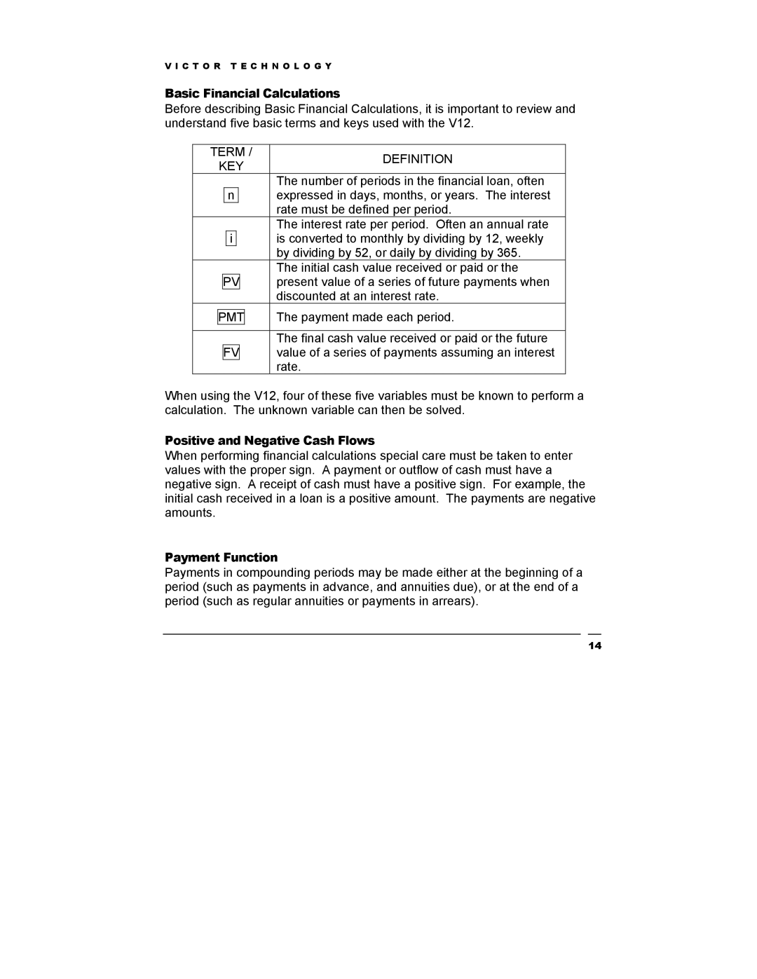 Victor Technology V12 manual Basic Financial Calculations, Term Definition KEY, Pmt, Positive and Negative Cash Flows 