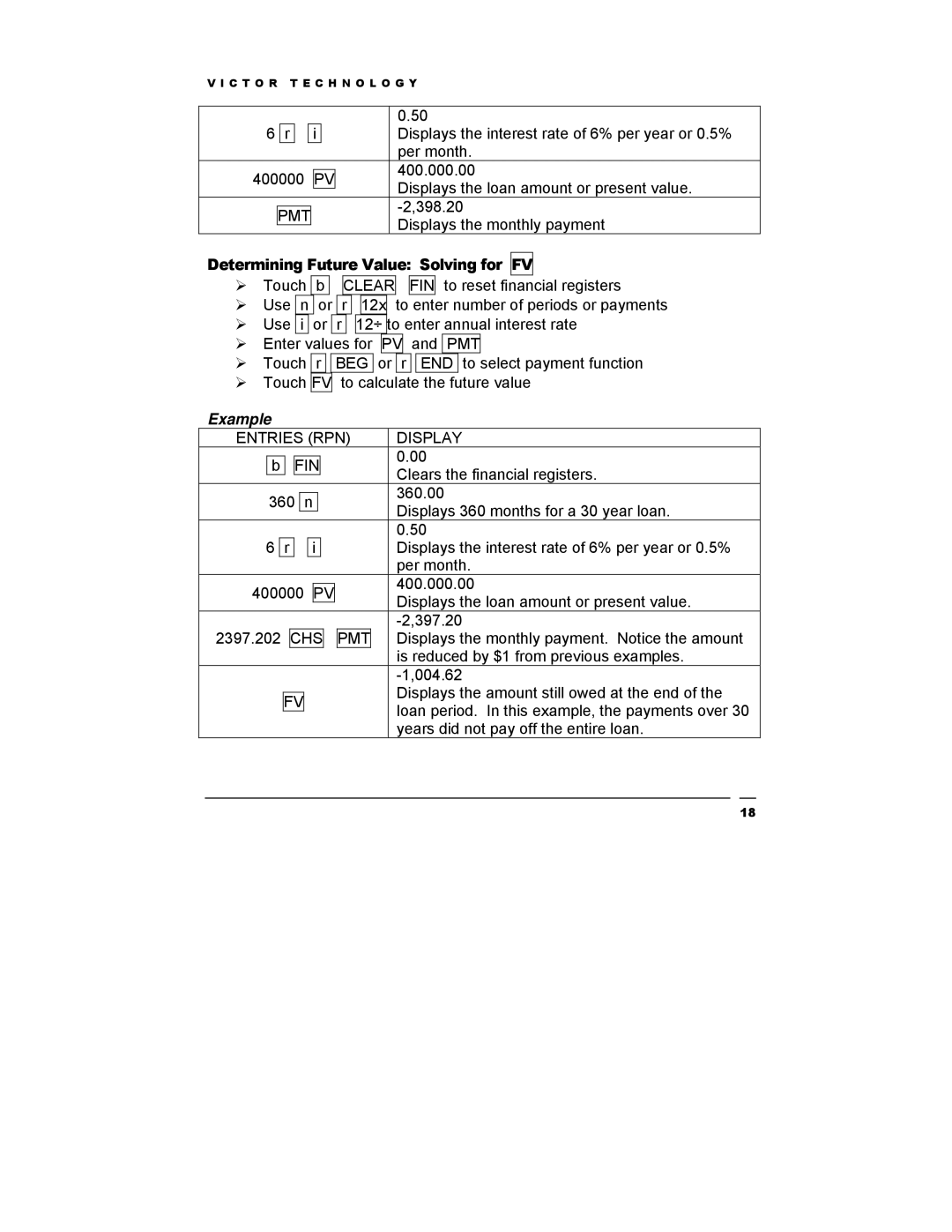 Victor Technology V12 manual Determining Future Value Solving for FV, Entries RPN Display FIN 