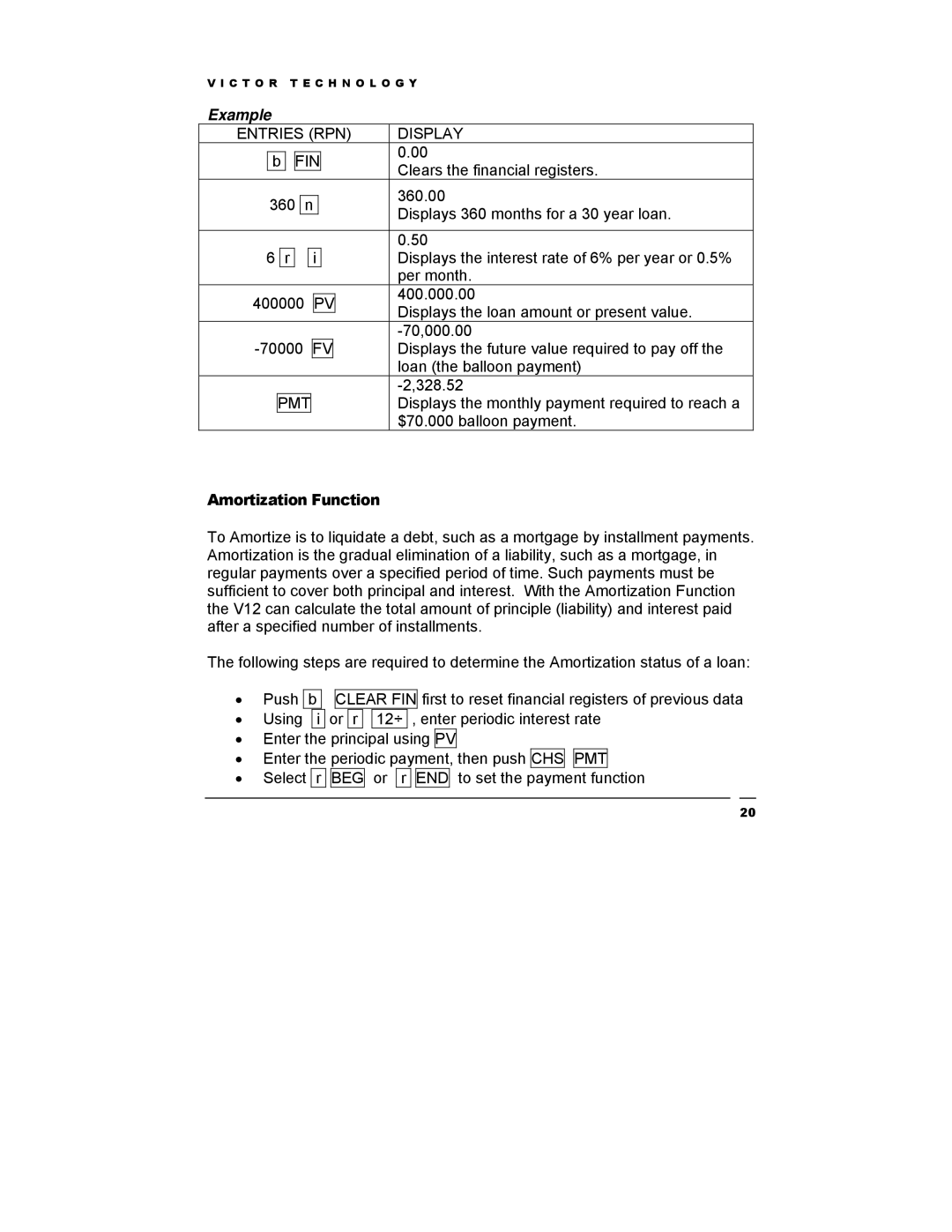 Victor Technology V12 manual Amortization Function 