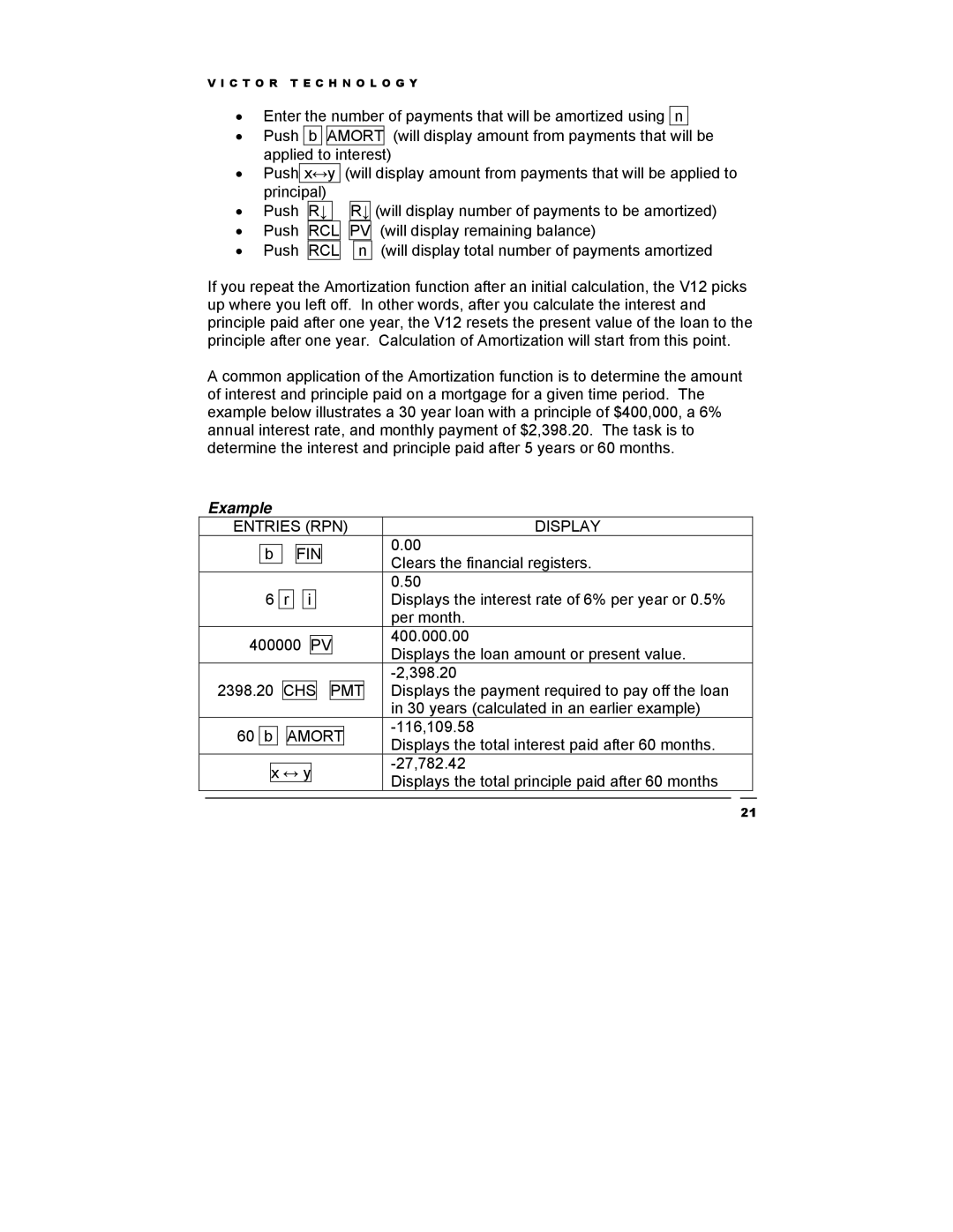 Victor Technology V12 manual Amort 