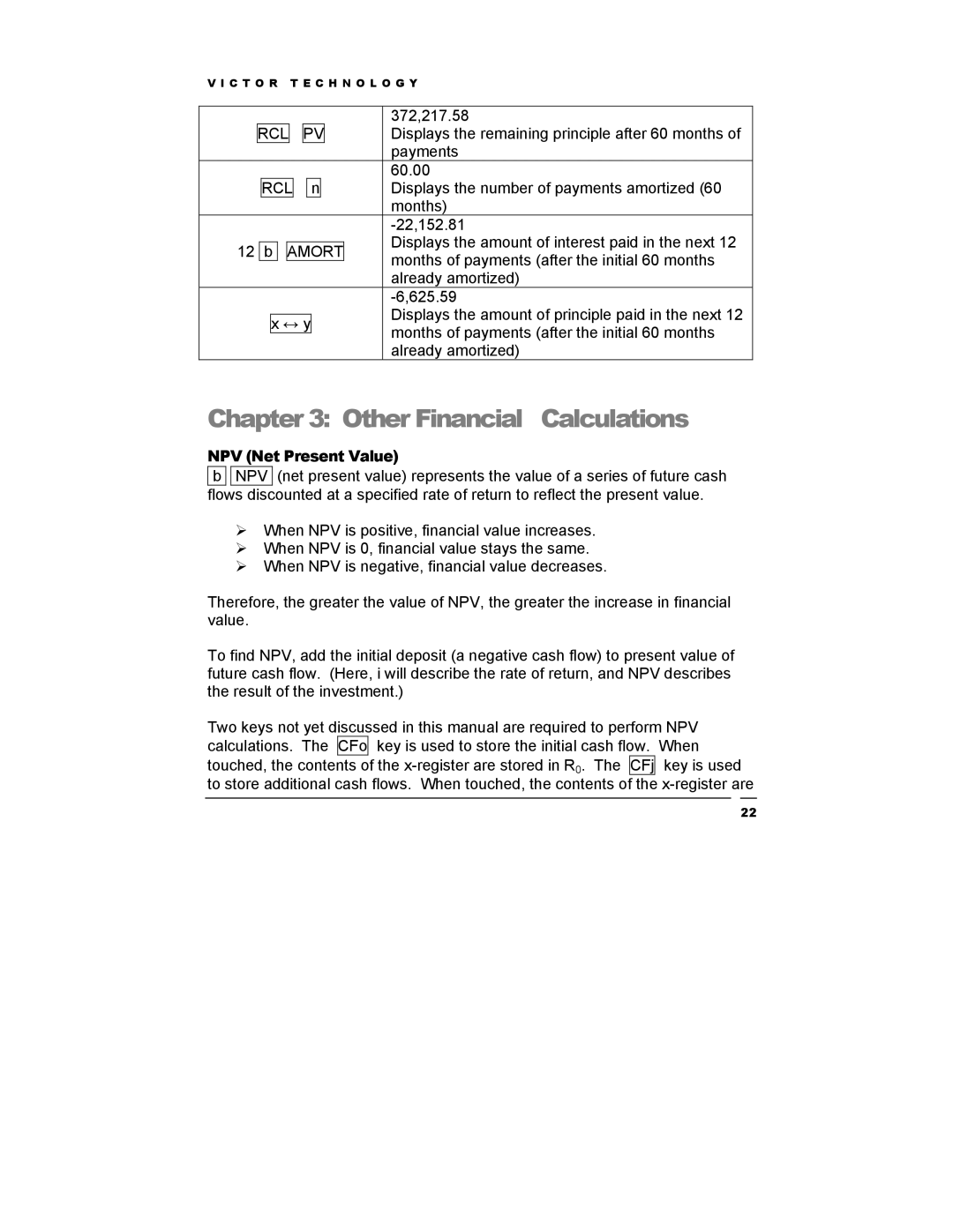 Victor Technology V12 manual Other Financial Calculations, Rcl, NPV Net Present Value 