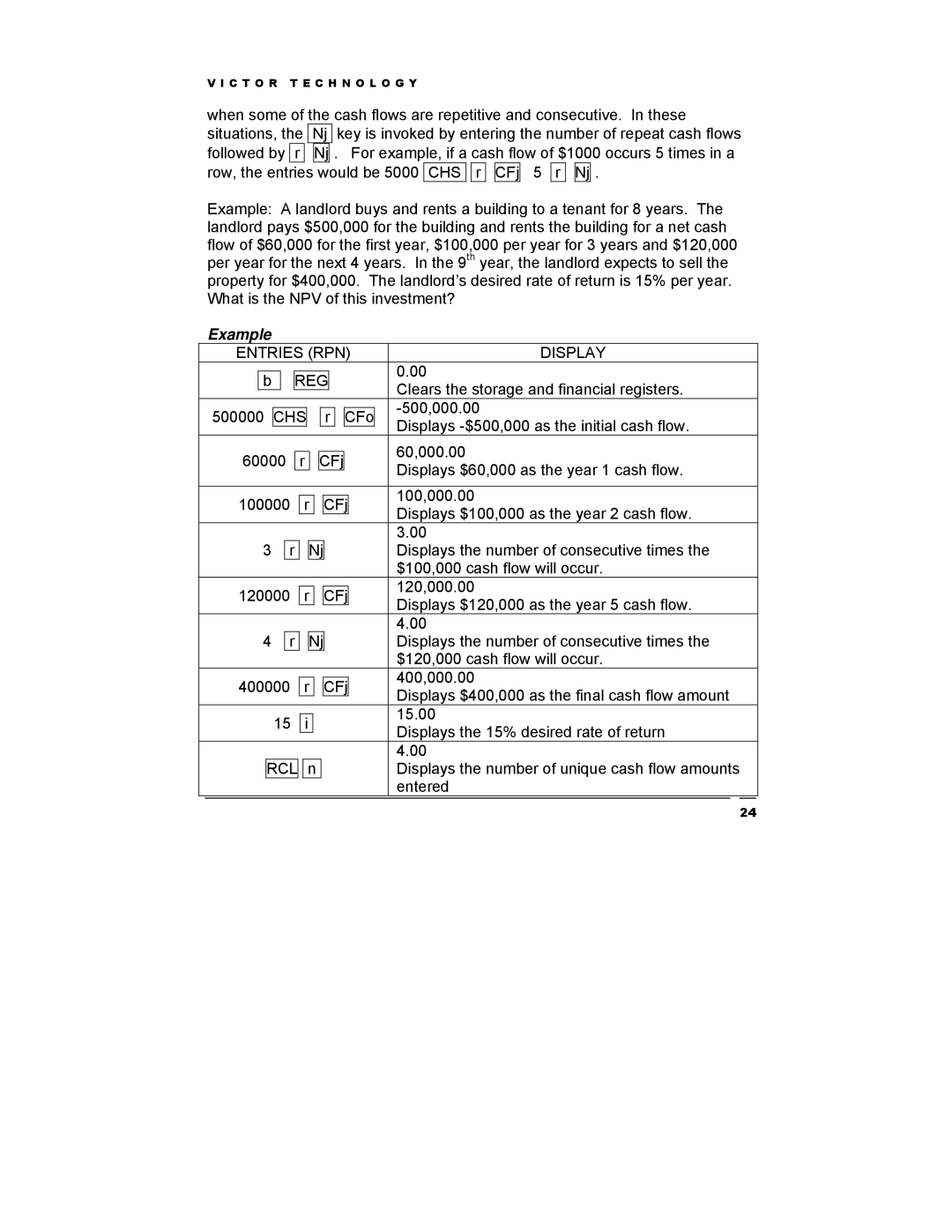 Victor Technology V12 manual Entries RPN Display REG 