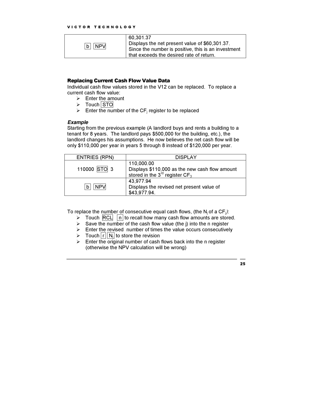 Victor Technology V12 manual Replacing Current Cash Flow Value Data, Sto, Npv 