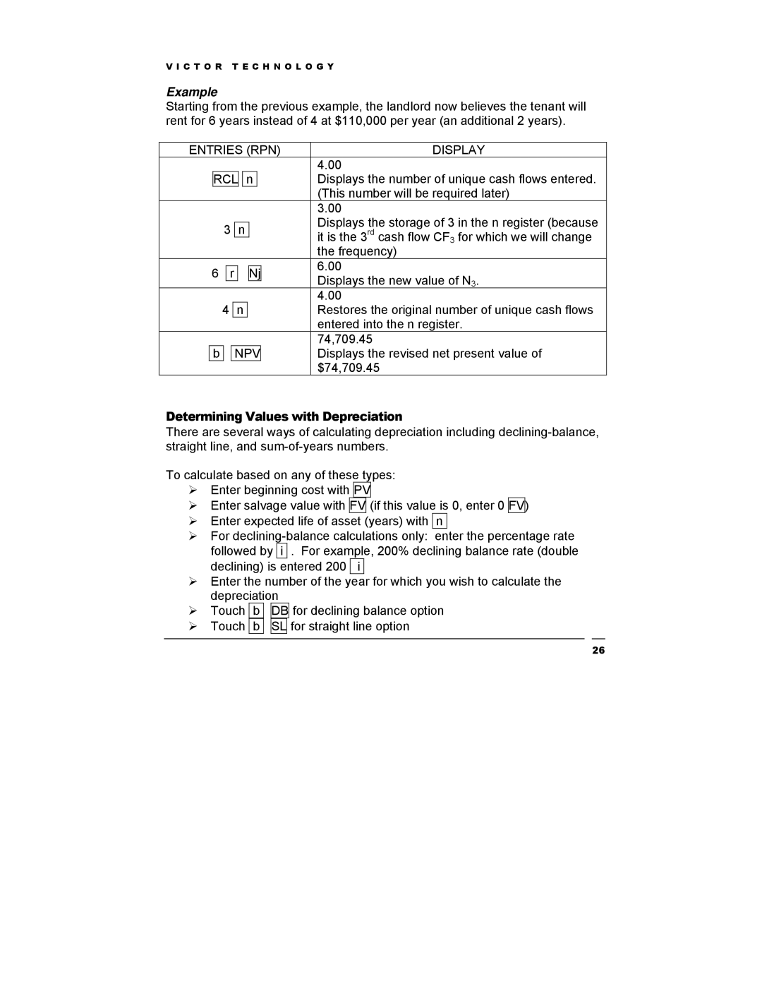 Victor Technology V12 manual Entries RPN Display RCL, Determining Values with Depreciation 