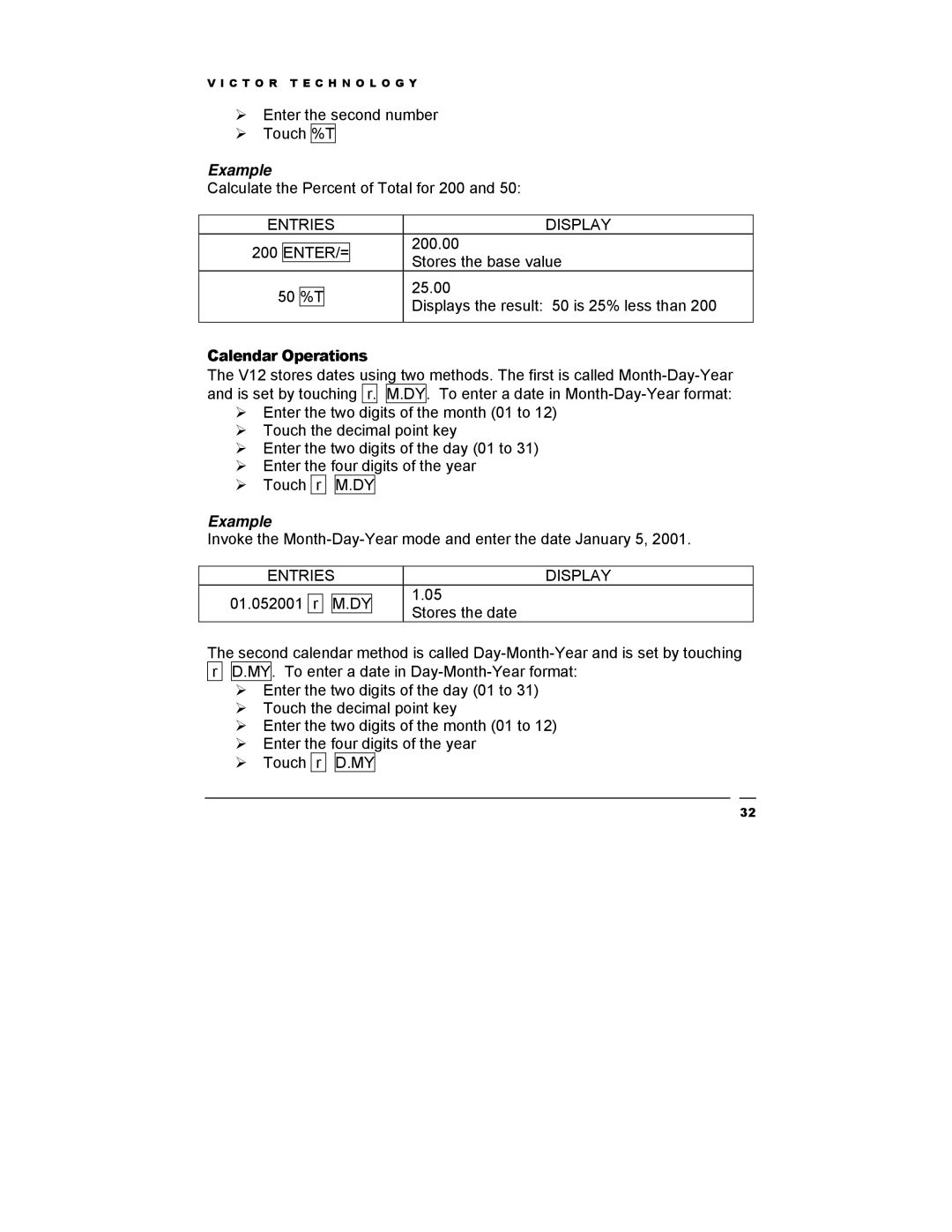 Victor Technology V12 manual Calendar Operations 