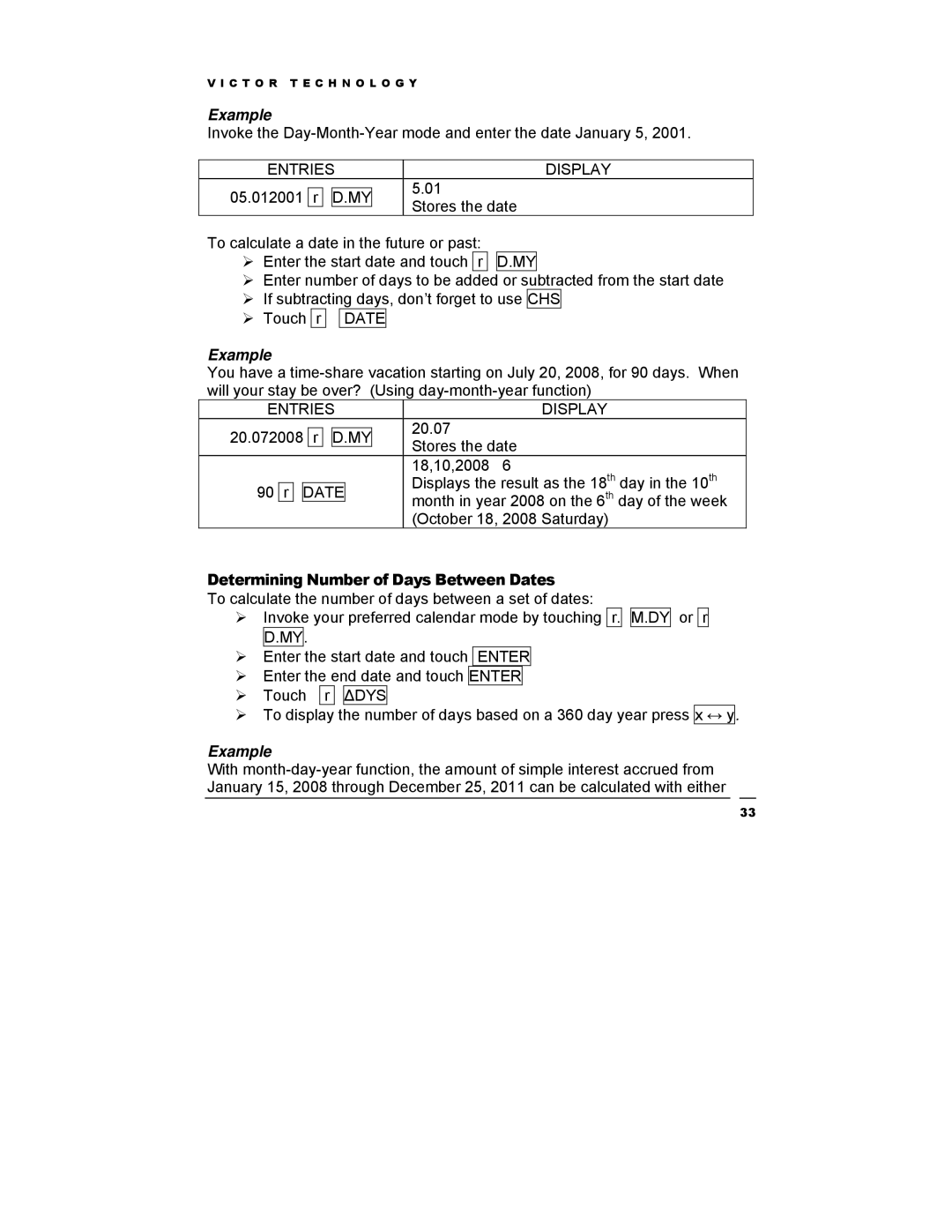 Victor Technology V12 manual Determining Number of Days Between Dates 