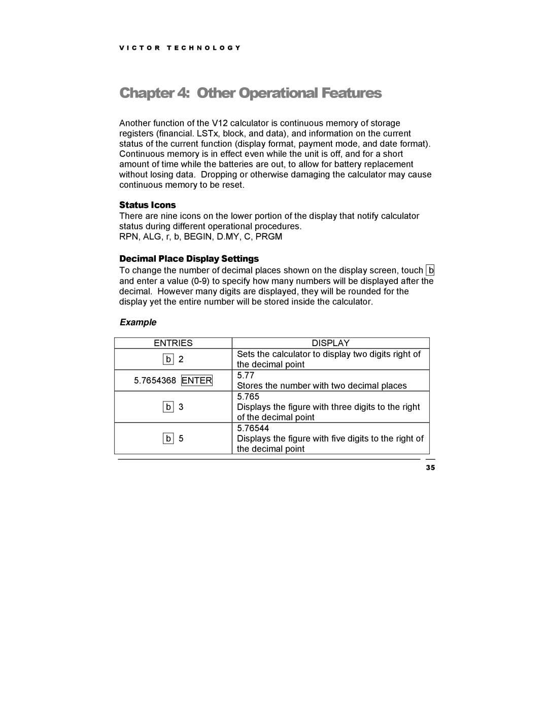 Victor Technology V12 manual Other Operational Features, Status Icons, Decimal Place Display Settings 