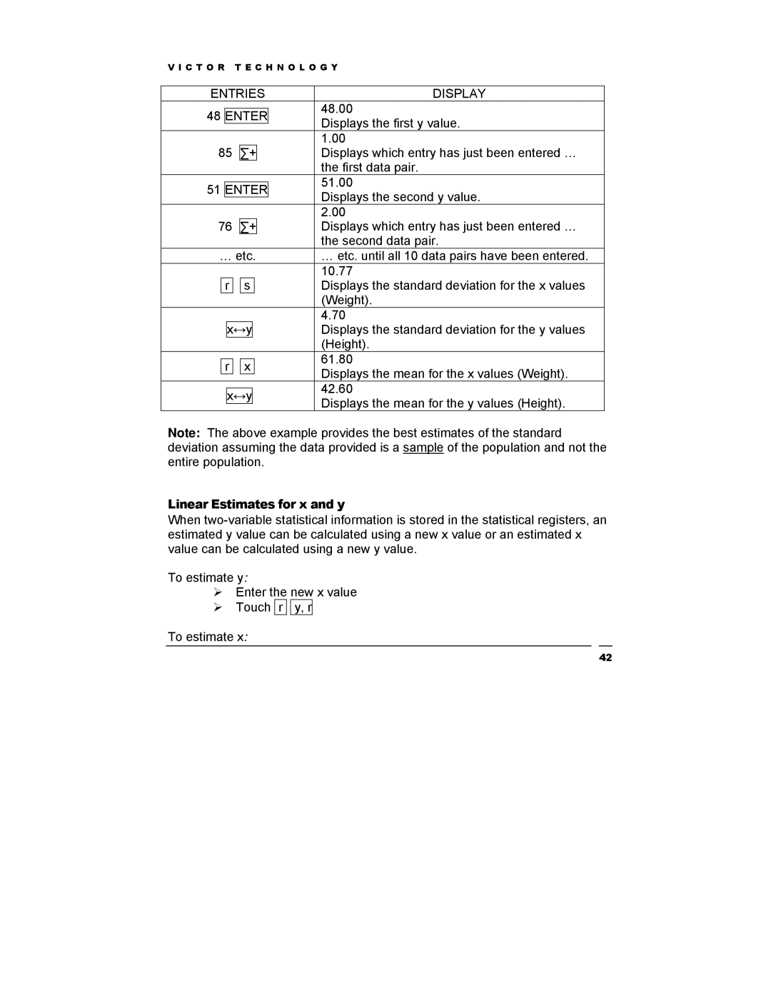 Victor Technology V12 manual Entries Display, Linear Estimates for x and y 