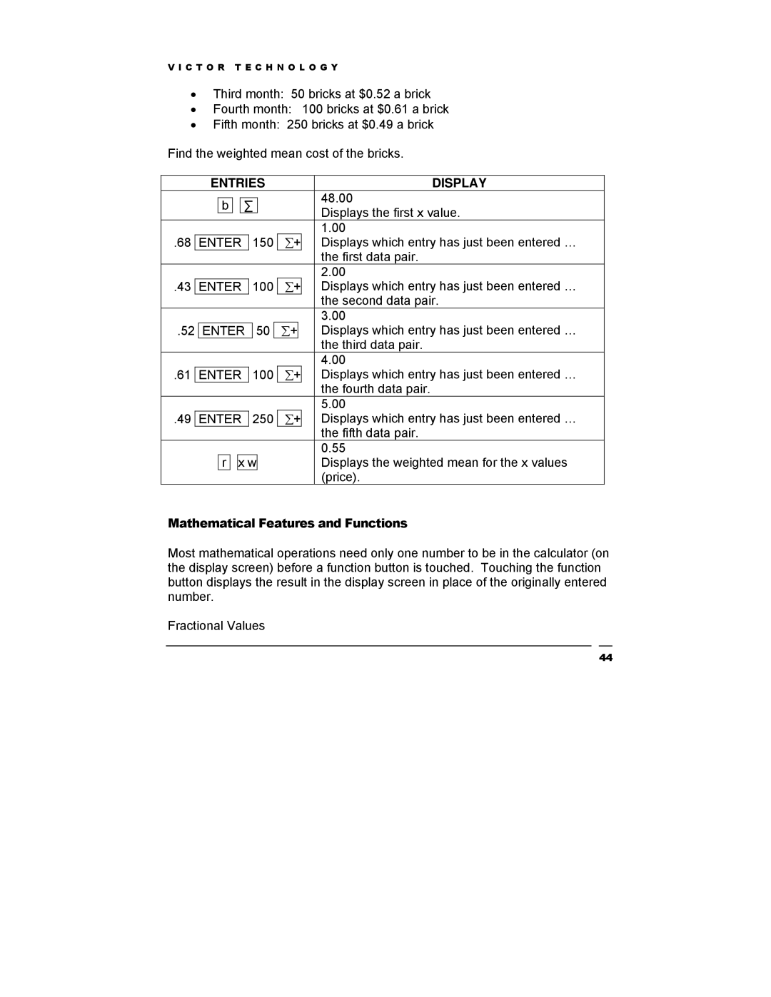 Victor Technology V12 manual Entries Display, Mathematical Features and Functions 