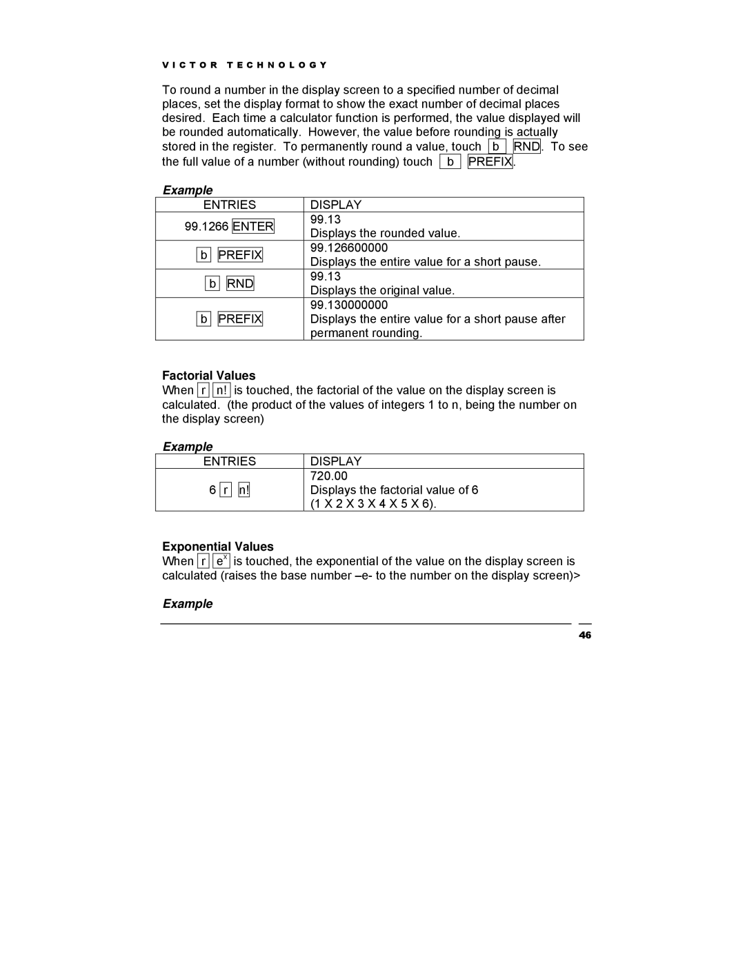 Victor Technology V12 manual Rnd, Factorial Values, Exponential Values 